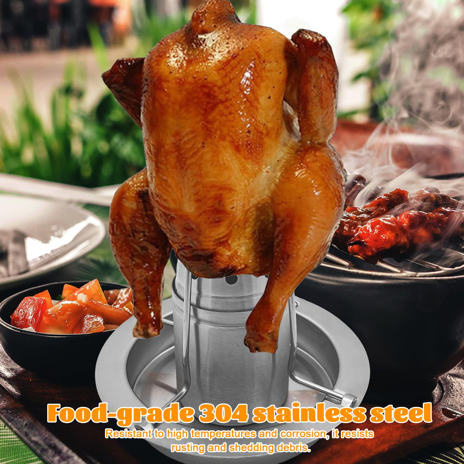 Rôtissoire à Poulet Barbecue en Acier Inoxydable, Support à Poulet pour Canette de Bière, Grille Poulet Vertical, Support à Volaille en Fonte Démontable, Récipient Aromatique Amovible, Bac d'Égouttag