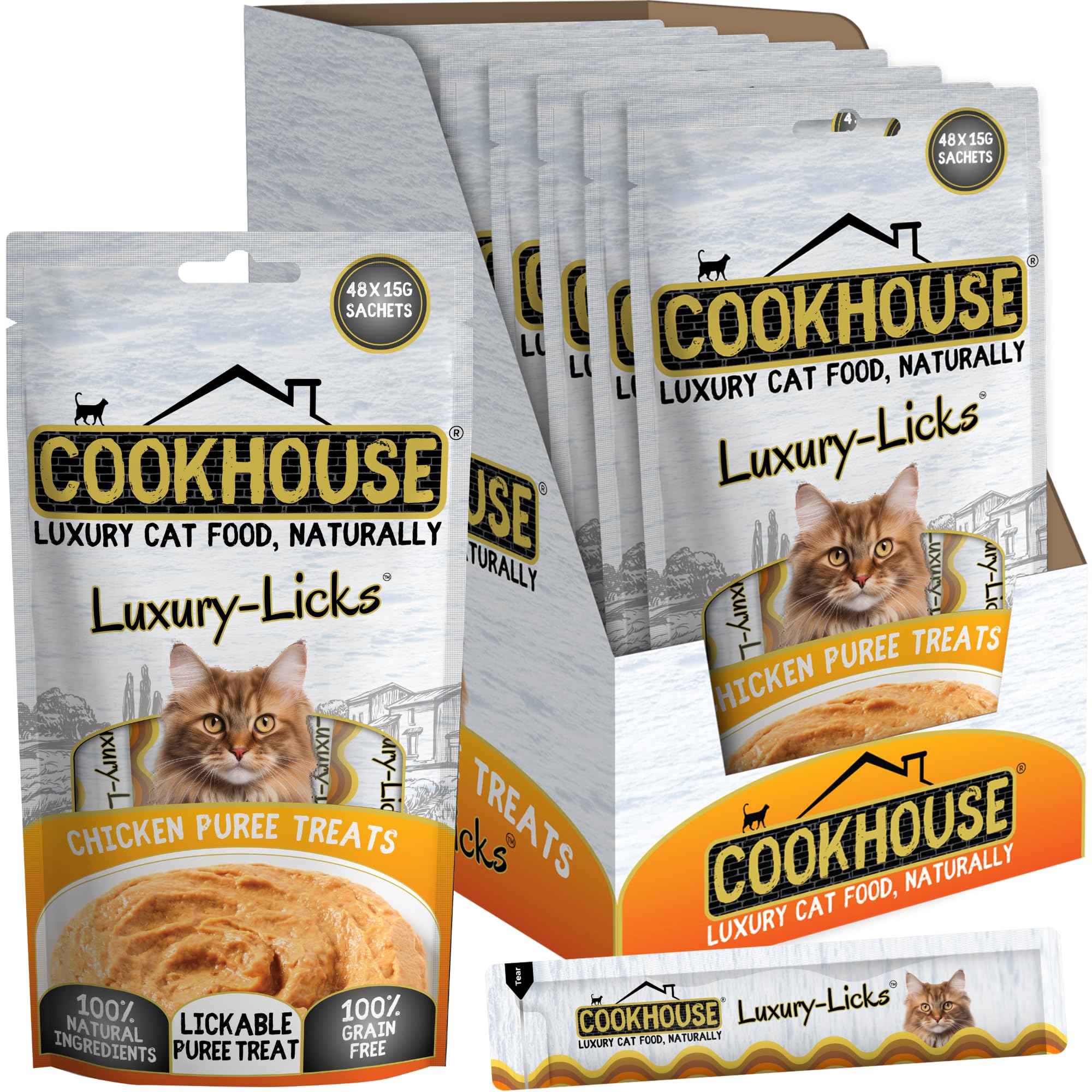 COOKHOUSE Luxury Licks Lickable Cat & Kitten Treats, Chicken, 48 x 15g Sachets, Soft & Creamy Puree, Healthy & Grain Free