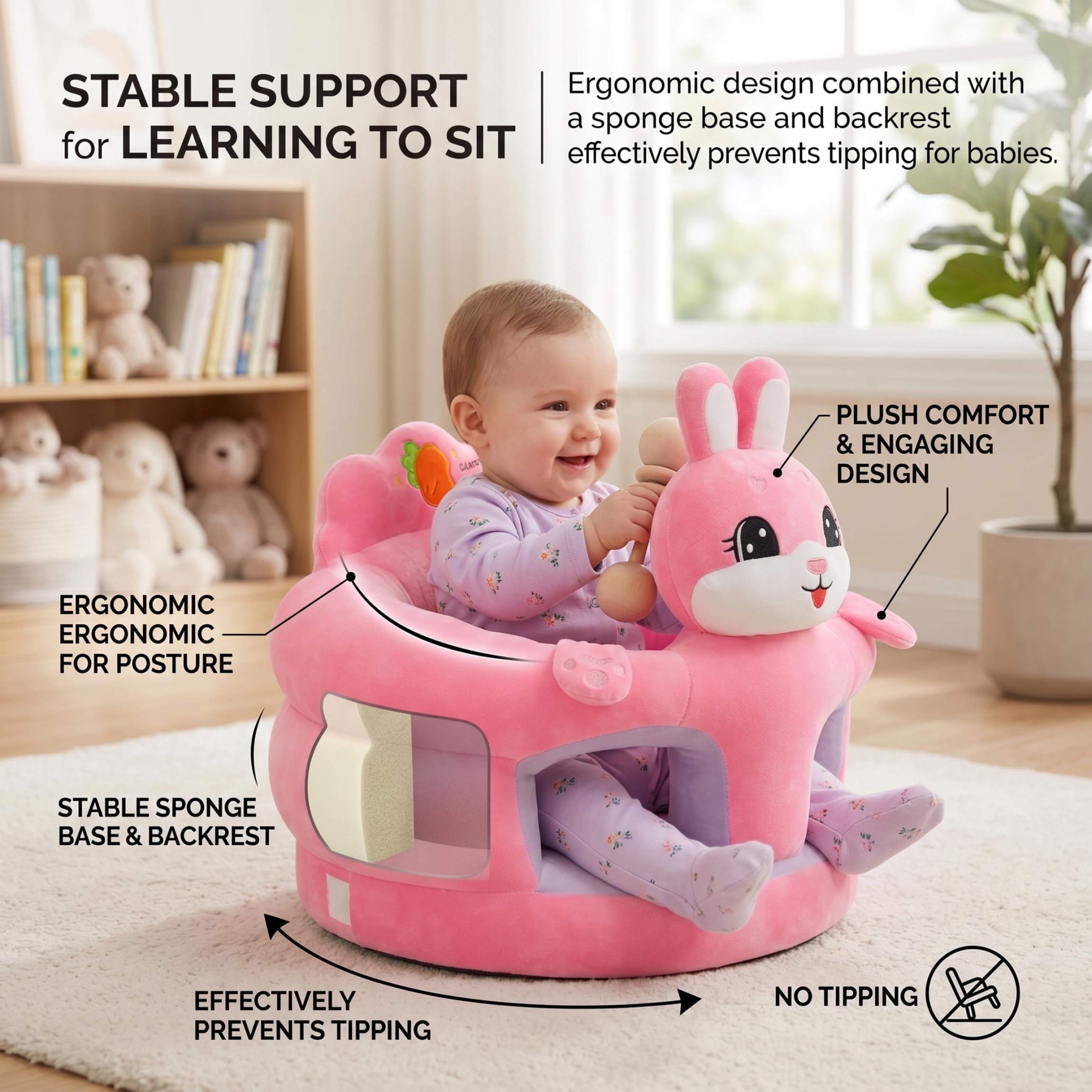 Babysitzstuhl, Sit Me Up-Bodensitz für Babys, tragbarer Sitzstuhl mit ergonomischer Unterstützung und weichem Plüschstoff, Hasendesign für Kleinkinder von 3 bis 12 Monaten, Sitze für Kleinkinder ab 3