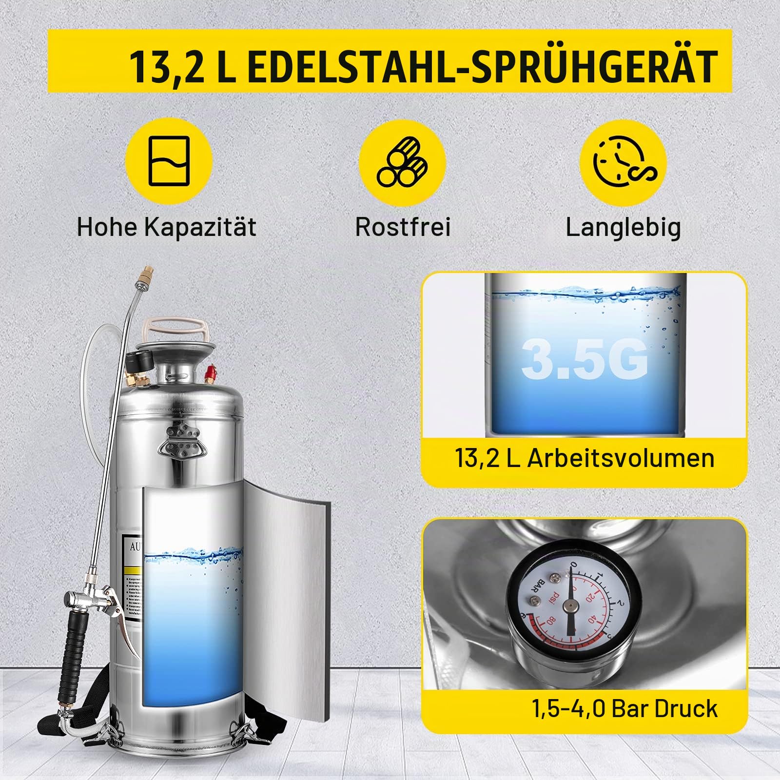 Vevor 12 l Drucksprüher, Edelstahl, Garten, Zerstäuber, für Pflanzen, für Gartenarbeit und Reinigung am Boden, geeignet für die heutigen Anforderungen in Industrie, Landwirtschaft, Handel, Medizin