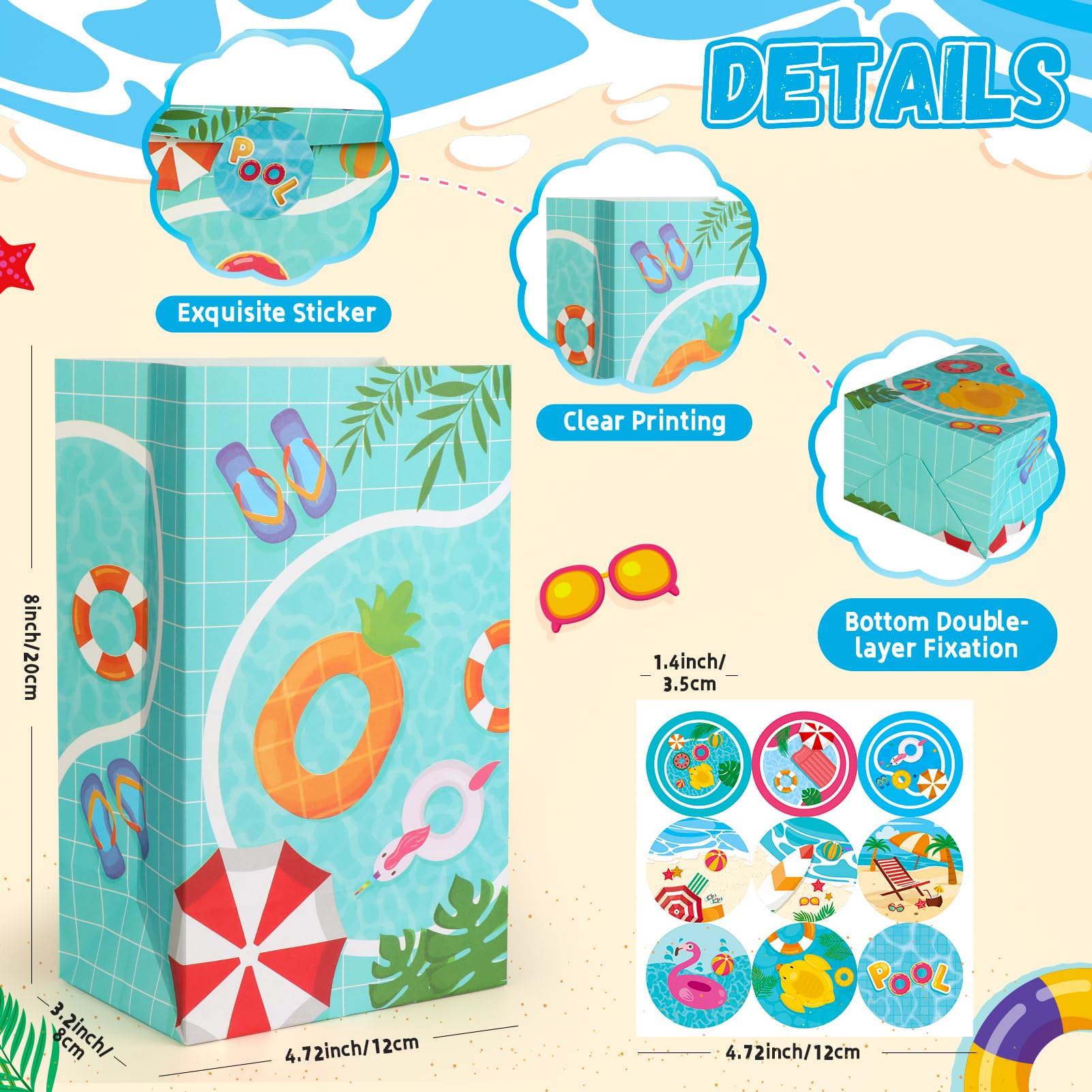 HEJIN 30 PCS Pool Party Favor Bags with 36 Stickers, Summer Gift Bags Pool Party Decorations Supplies for Kids, Mermaid Goodie Bags Beach Gifts for Birthday, Baby Showers, Wedding