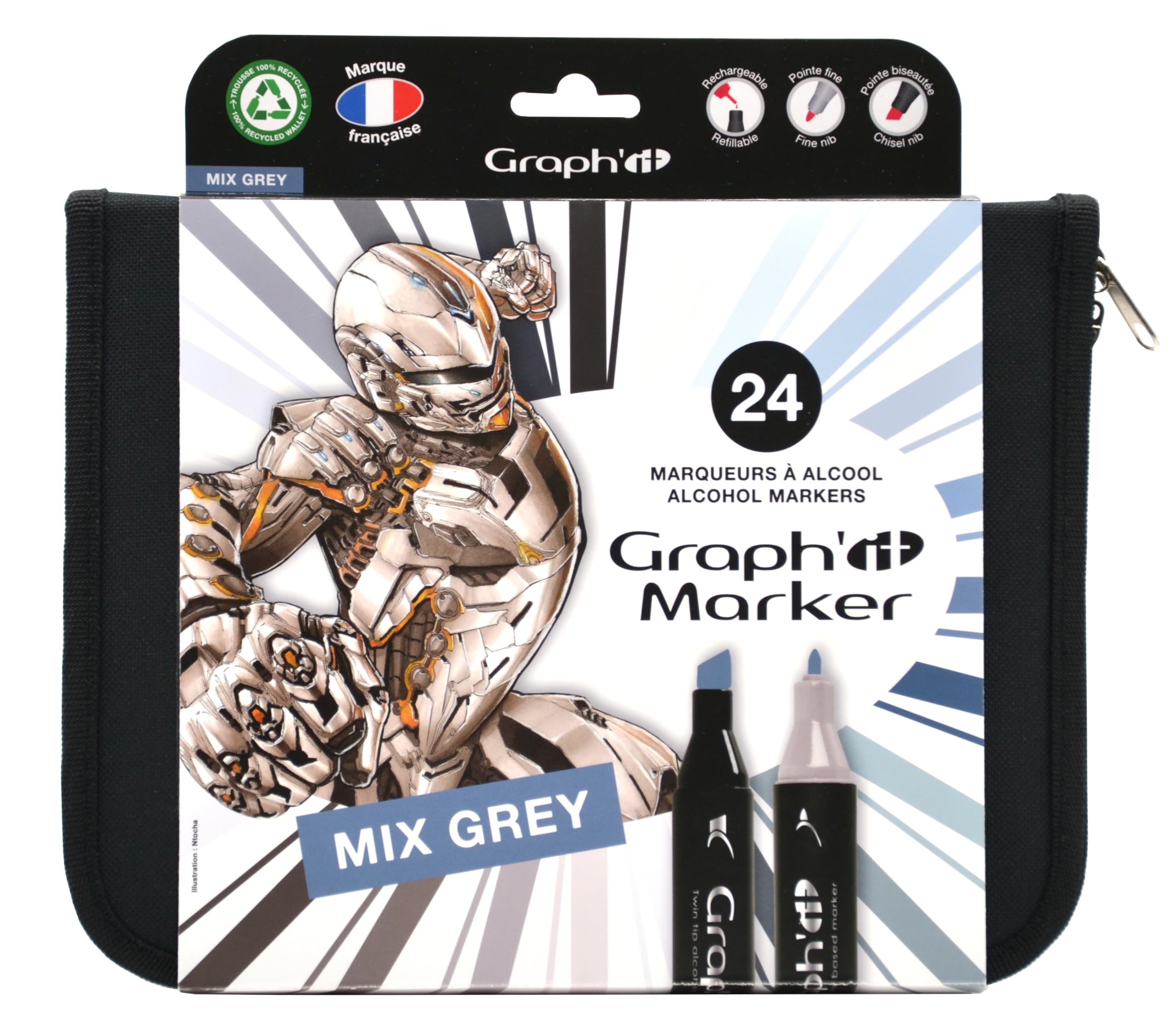 GRAPH'IT Trousse 24 Marqueurs Alcool Double Pointe - Set Manga - Pointe Fine et Biseautée - Illustration, Rough, Scrapbooking et Coloriage - Kit Dessin Complet, Set Basic - Adulte, Enfant