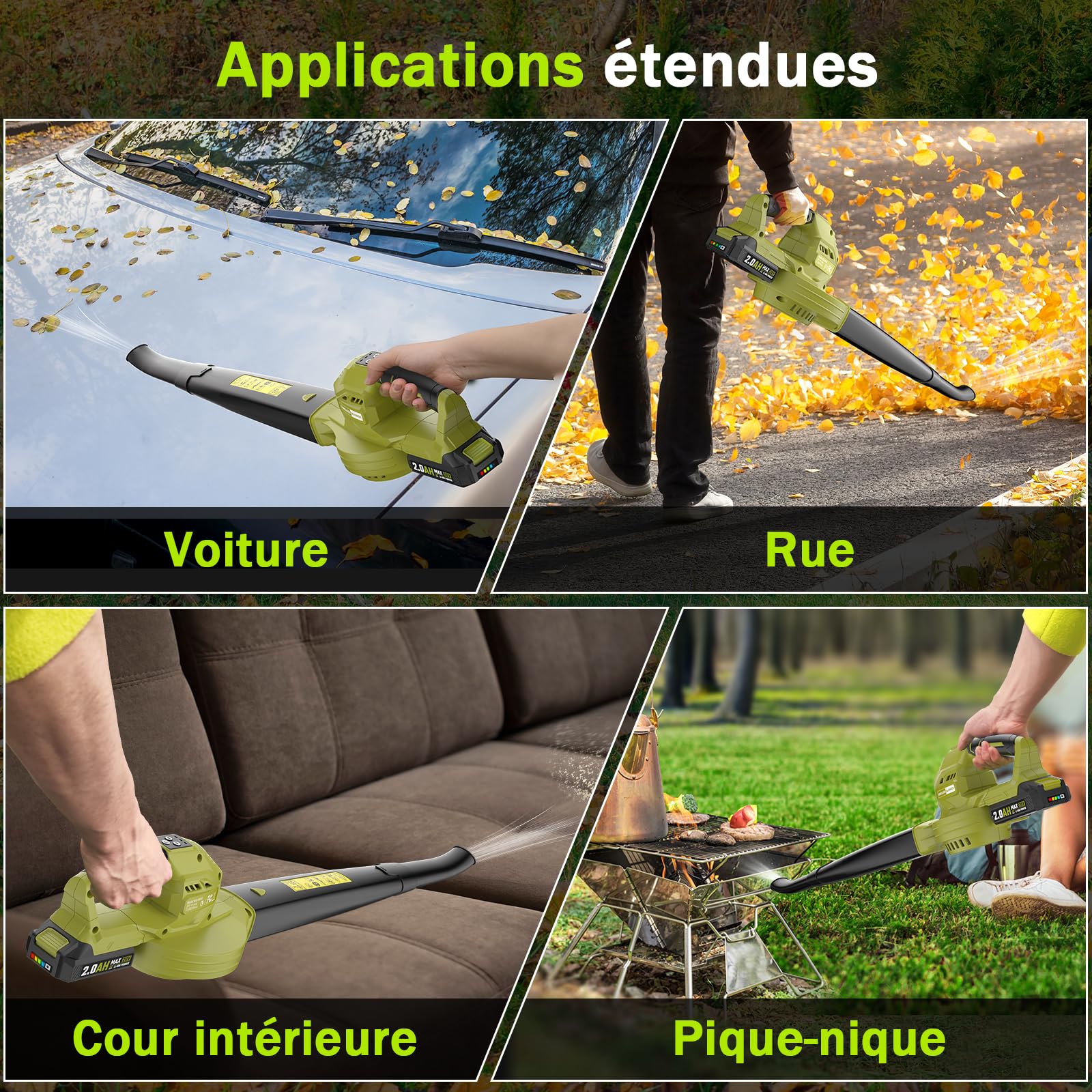 Souffleur de Feuilles，Souffleur de Feuilles sans Fil avec Batterie 2×2,0 Ah et Chargeur，3 Vitesse Max 360m³/h，Portable 1,4kg，pour Cour, Pelouse, Jardin