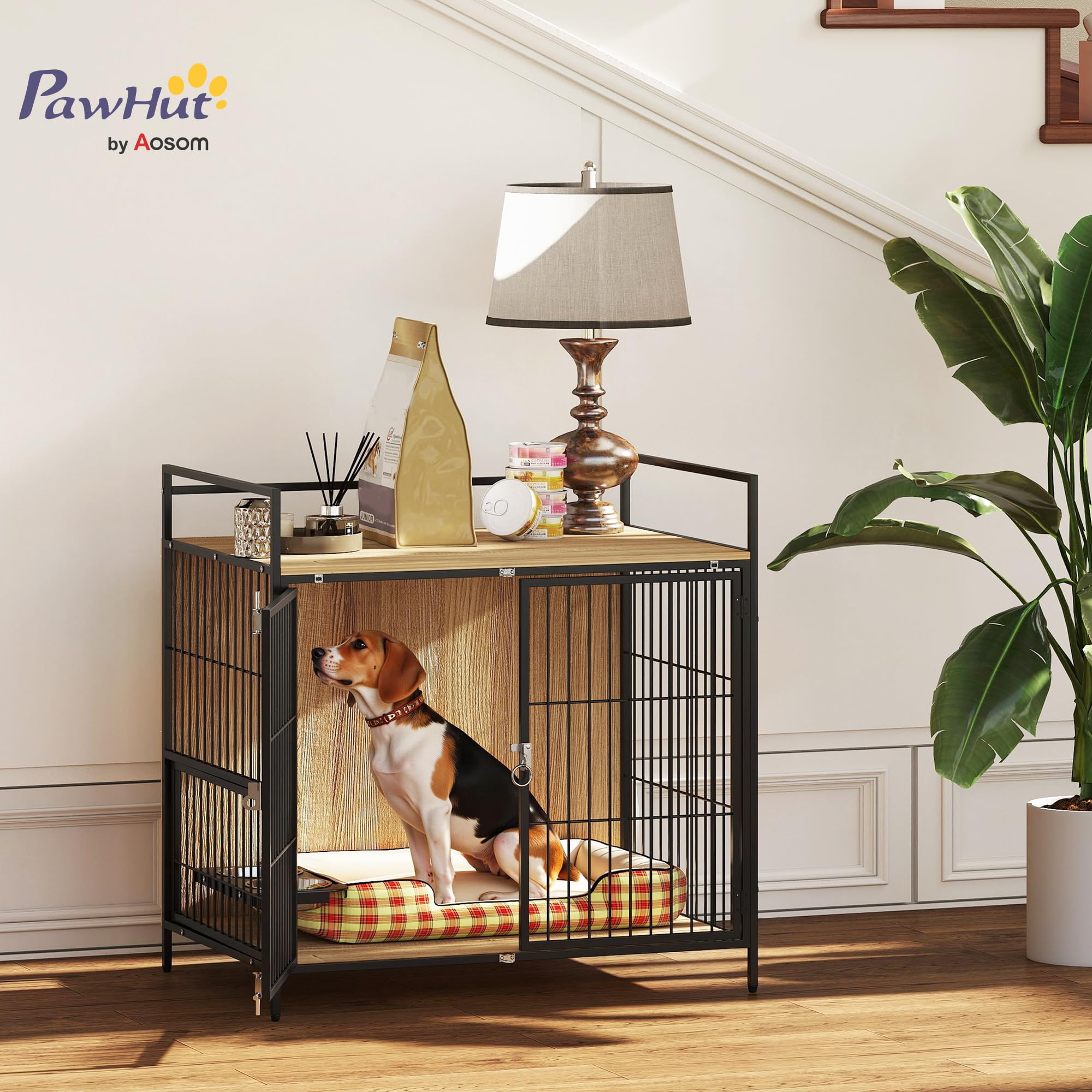 PawHut Jaula para Perros Casa para Mascotas con 2 Puertas y Mesa Auxiliar Moderna con Soporte Giratorio 2 Tazones y Estante de Almacenamiento Superior para Perros Medianos 80x56x76,5 cm Roble