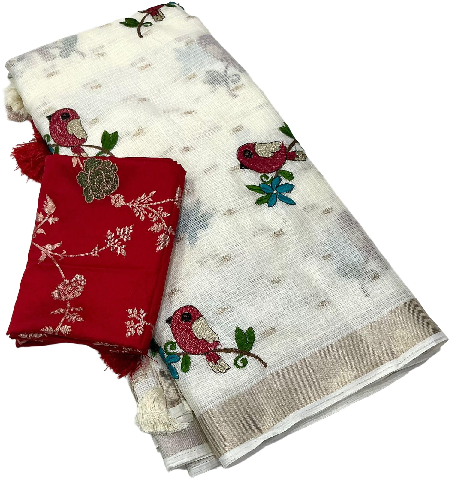 Women's Zari Woven Pattu Border Butti With Bird Embroidered Work Soft Kota Doria Saree With Banarasi Blouse-image-42