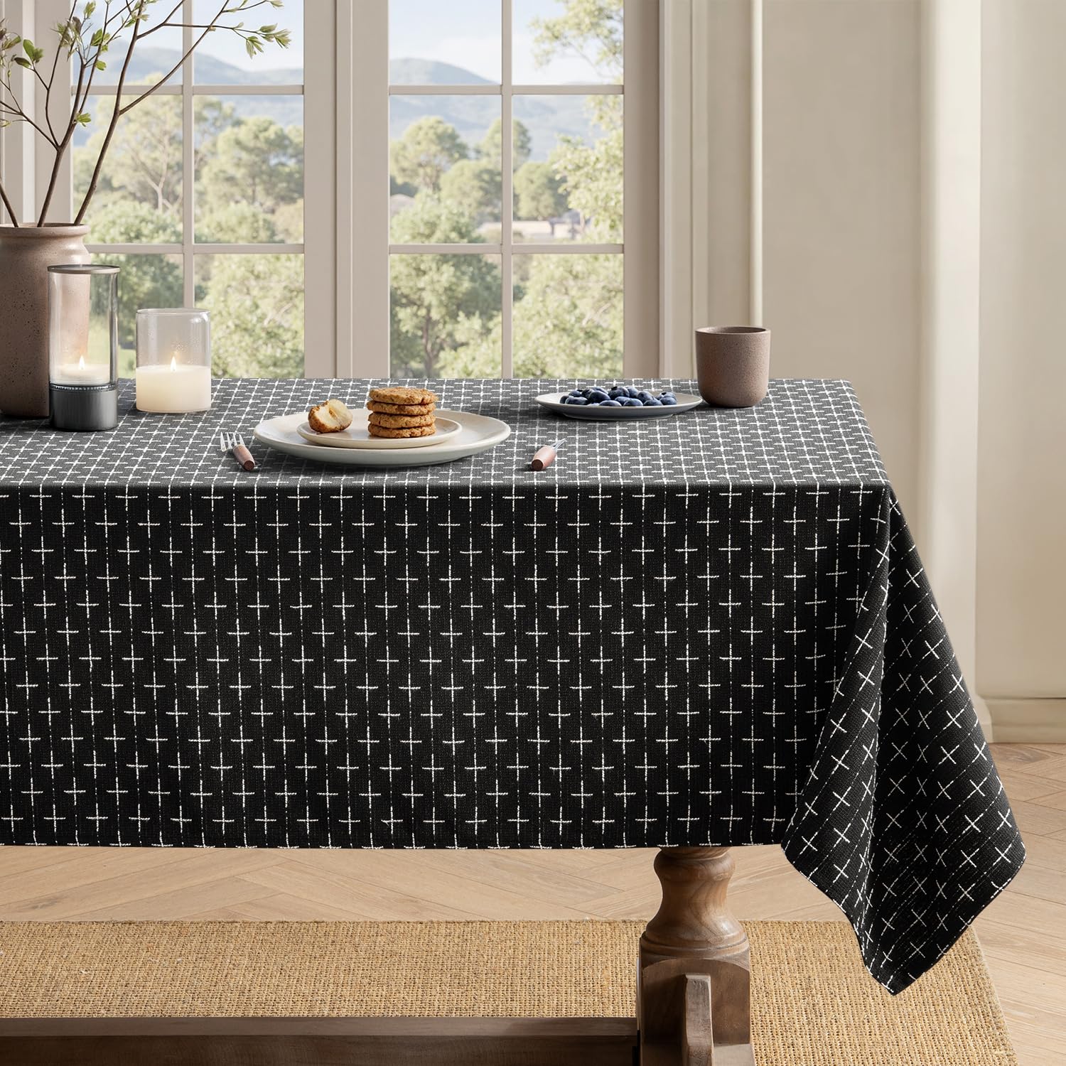 MIULEE Black Linen Table Cloth Rectangle Tablecloth Waterproof Spillproof Cross-Star Textured Table Cloth, Decorative Rustic Farmhouse Style for Dining/Party/Buffet/Wedding,60x102 Inch