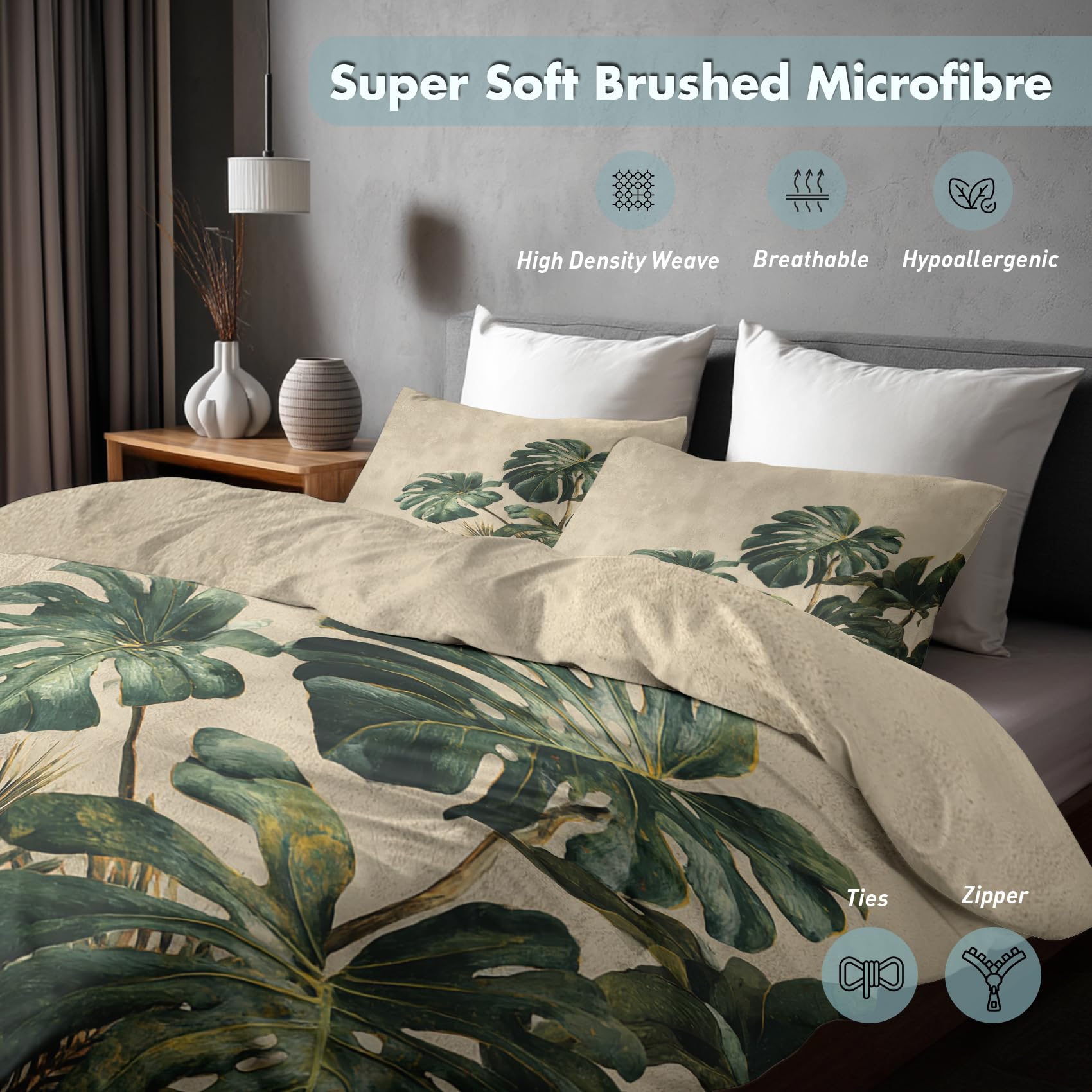 Monstera Bettwäsche 135x200 2er Set Mit Palmen Blätter Grün Muster, Bettbezug Set Bügelfreie Bettwäsche Mit Reißverschluss, Kissenbezug, Monstera Deko