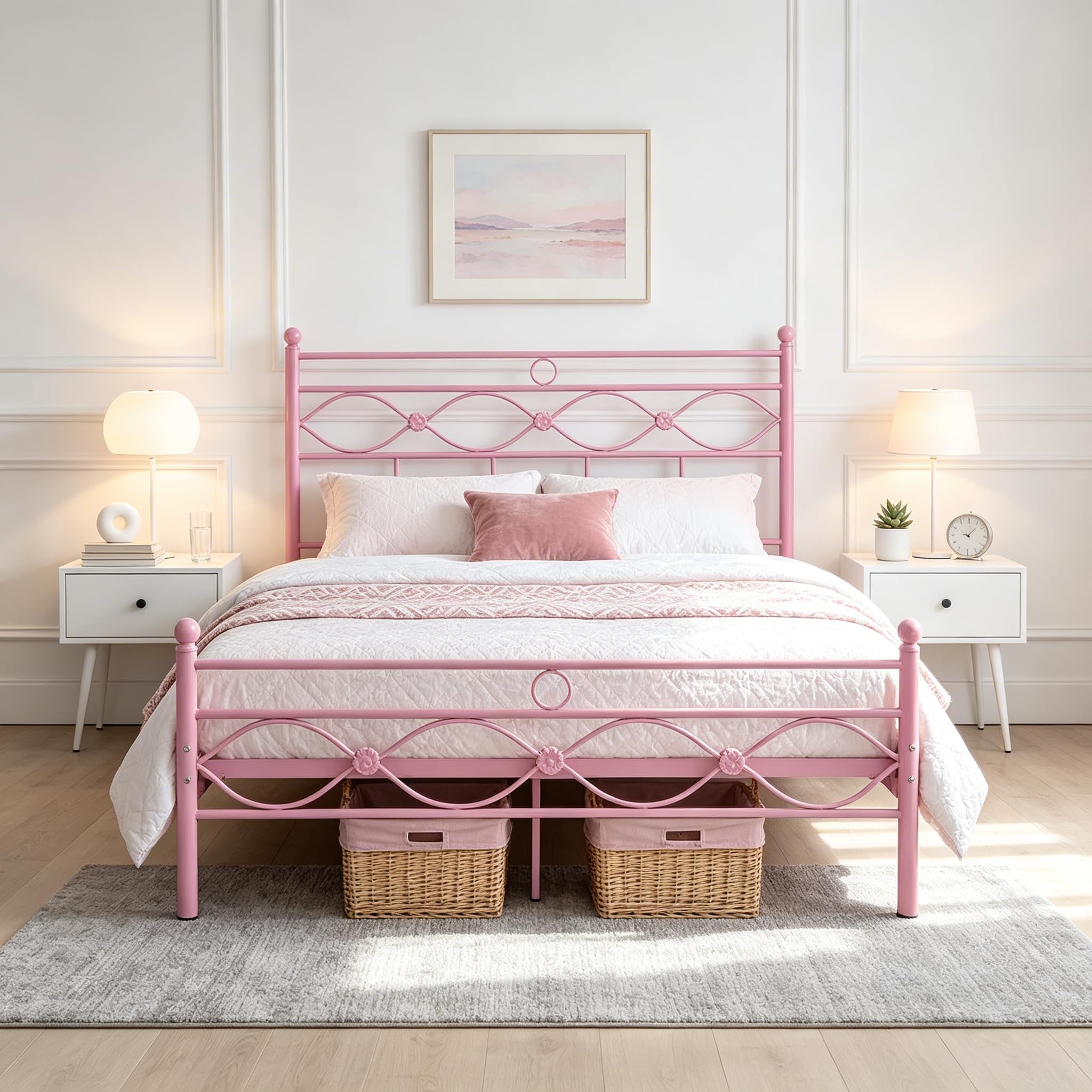 Panana Single Metal Bed Frame,90 x 190cm,3FT Platform Bed with 28cm Under Bed Storage,Modern Luxury Solid Bedstead for Guest Room,Bedroom (Pink, Double)