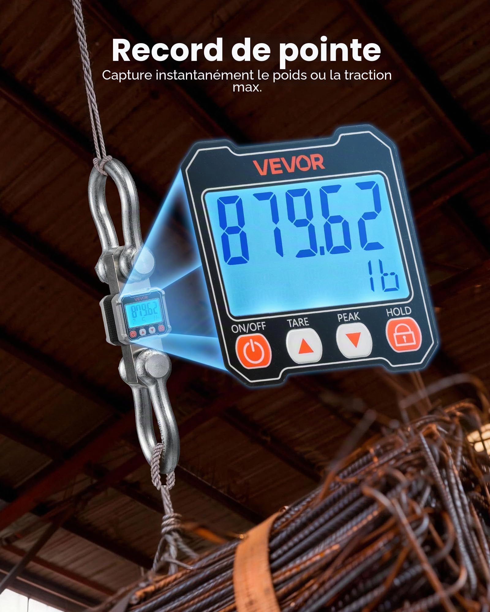 VEVOR Balance à Grue Numérique 10000 kg Balance Suspendue Industrielle Précision 2 kg Peson Électronique pour Usines Entrepôts Fermes, Écran LCD, 3 Unités, avec Boîtier Aluminium Moulé, Télécommande