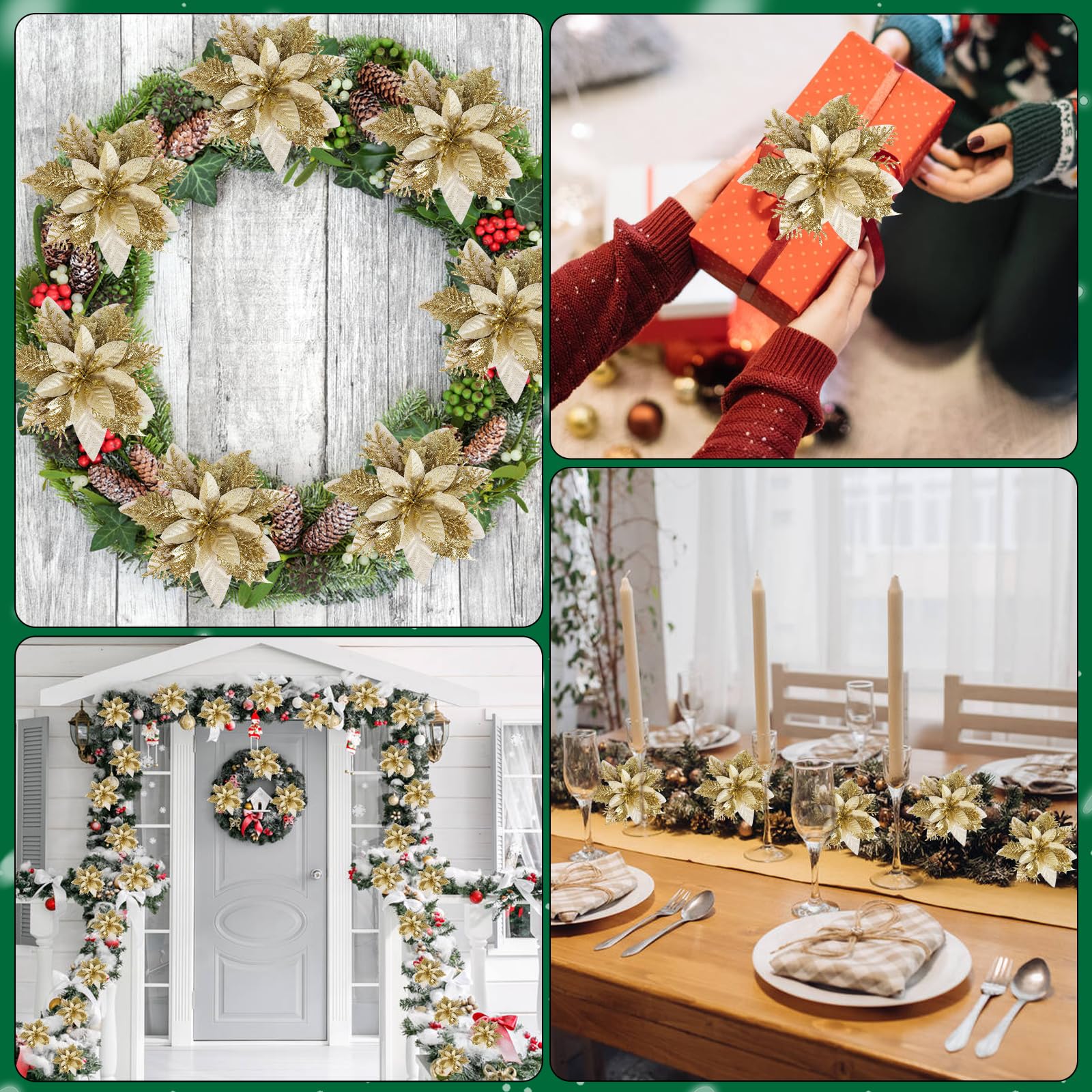 12 Pezzi Fiori Natalizi Artificiali Glitterati Oro E Rosso Per Albero Di Natale - Con Clip Metalliche E Steli - Decorazioni Fai Da Te Per Ghirlande E Centrotavola