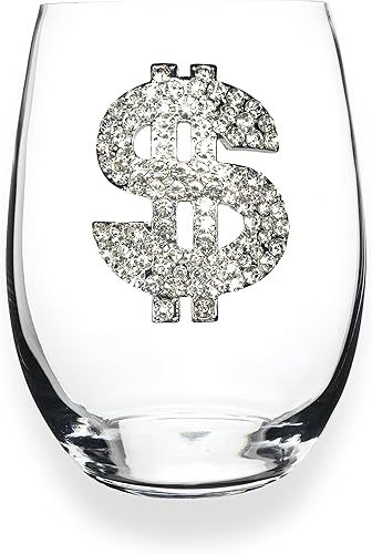 THE QUEENS' JEWELS Diamond Dollar - Copa de vino sin tallo, 21 onzas, regalo único para mujeres, cumpleaños, lindo, divertido, sin pintar, decorado,