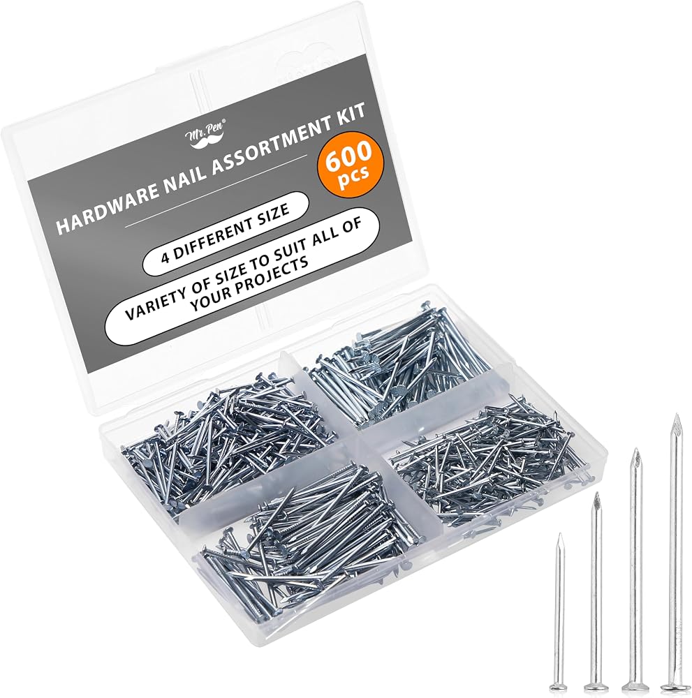 Mr. Pen- Nail Assortment Kit, 600 pcs, 4 Sizes, Silver Picture Hangers | Small Nails for Hanging Pictures, Finishing Nails for Drywall and Wood