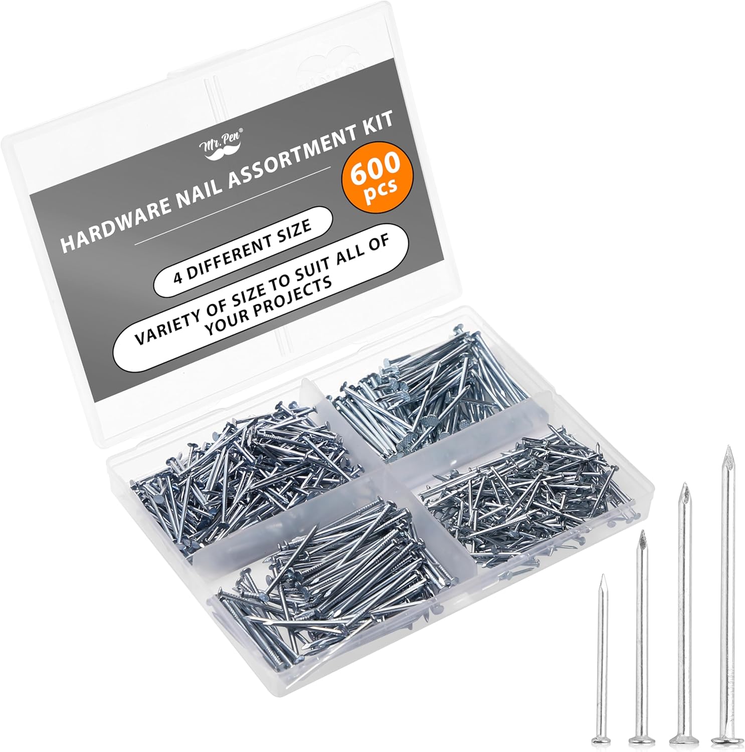 Mr. Pen- Nail Assortment Kit, 600 Pcs, 4 Sizes, Silver, Small Nails for Hanging Pictures, Finishing Nails