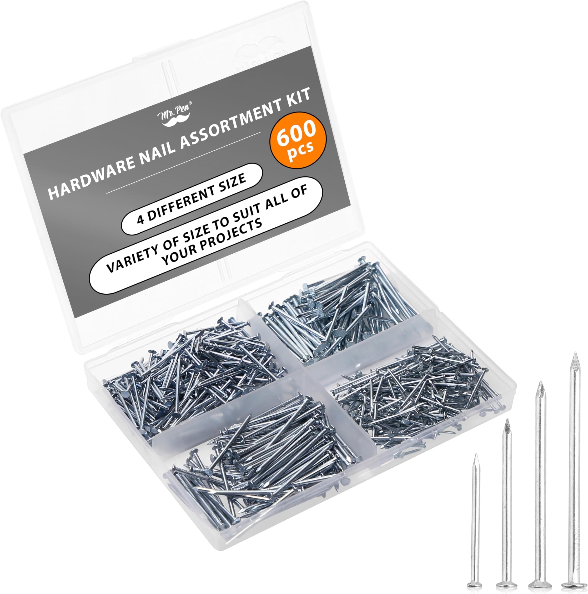 Mr. Pen- Nail Assortment Kit, 600 Pcs, 4 Sizes, Silver, Small Nails for Hanging Pictures, Finishing Nails
