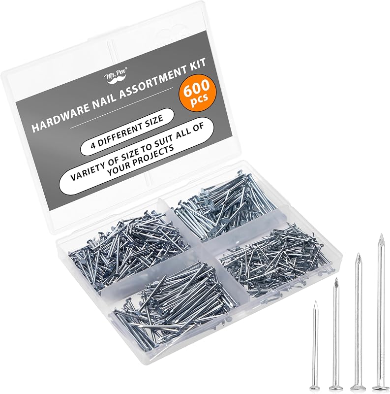 Mr. Pen- Nail Assortment Kit, 600 pcs, 4 Sizes, Silver Picture Hangers | Small Nails for Hanging Pictures, Finishing Nails for Drywall and Wood