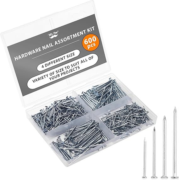 Mr. Pen- Nail Assortment Kit, 600 Pcs, 4 Sizes, Silver, Small Nails for Hanging Pictures, Finishing Nails
