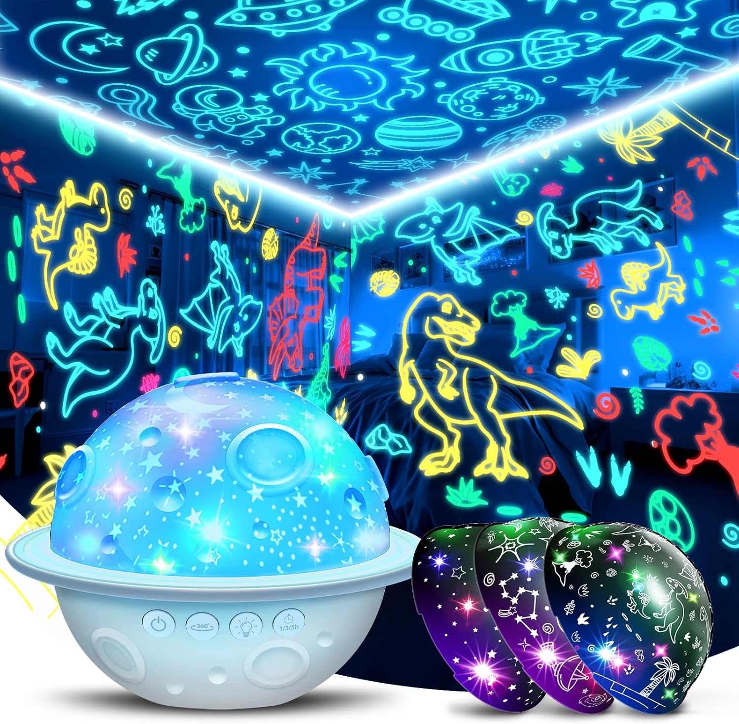 Topunny Night Light for Kids，3 in 1 Projector Dinosaur Lamp for