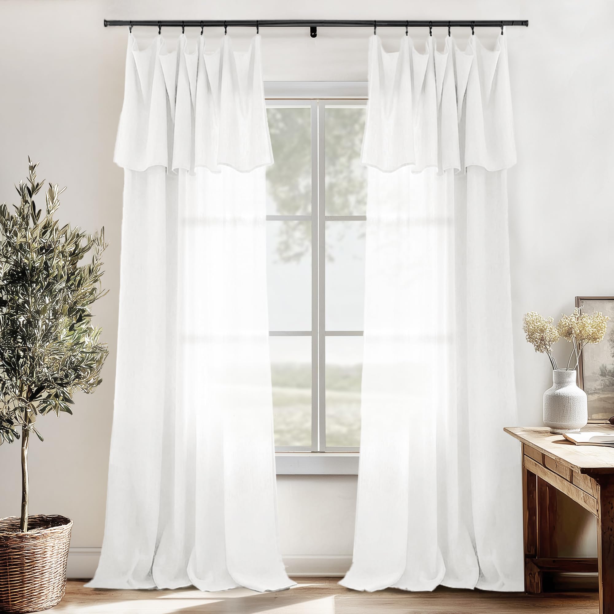 Lino Rosa White Ruffle Linen Curtains with Valance for Bedroom | Light Filtering, Aesthetic for Girls Room, Used as Extra Long Shower Curtain, 108 Inch, 2 Panels