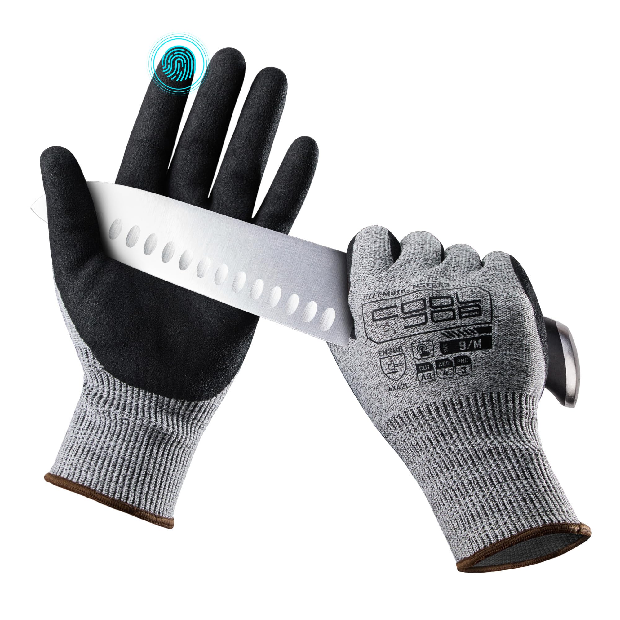 COOLJOB A3 Cut Resistant Fishing Gloves for Men Women, Touchscreen Safety Work Gloves with Grip Nitrile, Knife Proof Anti-slip Dexterous Gloves for
