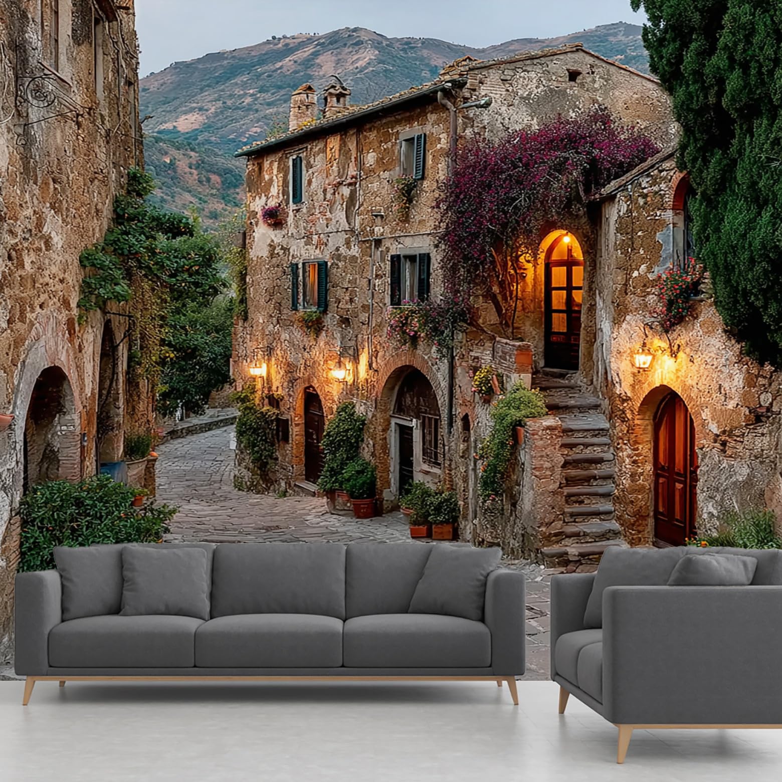 Italy Mural, Italian Town Tuscany Stone House Mountain Wallpaper, Panoramic Wall Paper for Bedroom Living Room Hallway Restaurant Home Decoration – 366x254 cm Wall Mural