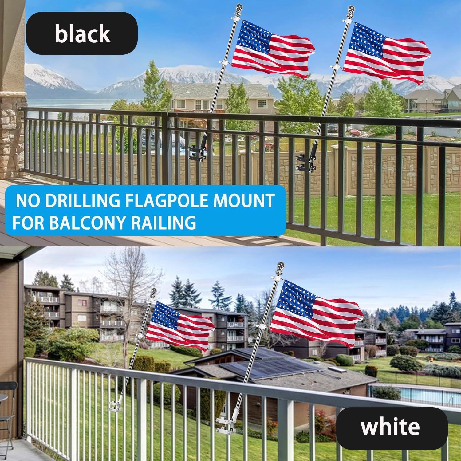 No Driling Flag Pole Holder for Railing,Flag Pole Mount for Porch & Fence Rail, Apartment Balcony,Square Railing-Two Installation Methods-with Silicone Pads,for 1” flagpole (White)