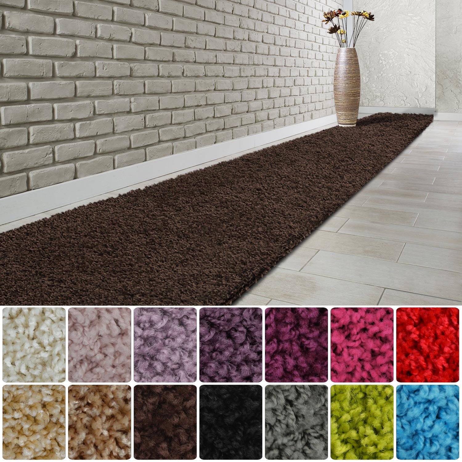 casa pura Tapis de Couloir Tapis Shaggy | Tapis Poil Long | Fabriqué en Allemagne | Accueil, Tapis de Passage | Tailles et Couleurs au Choix | Barcelona, 100x350cm - Marron foncé