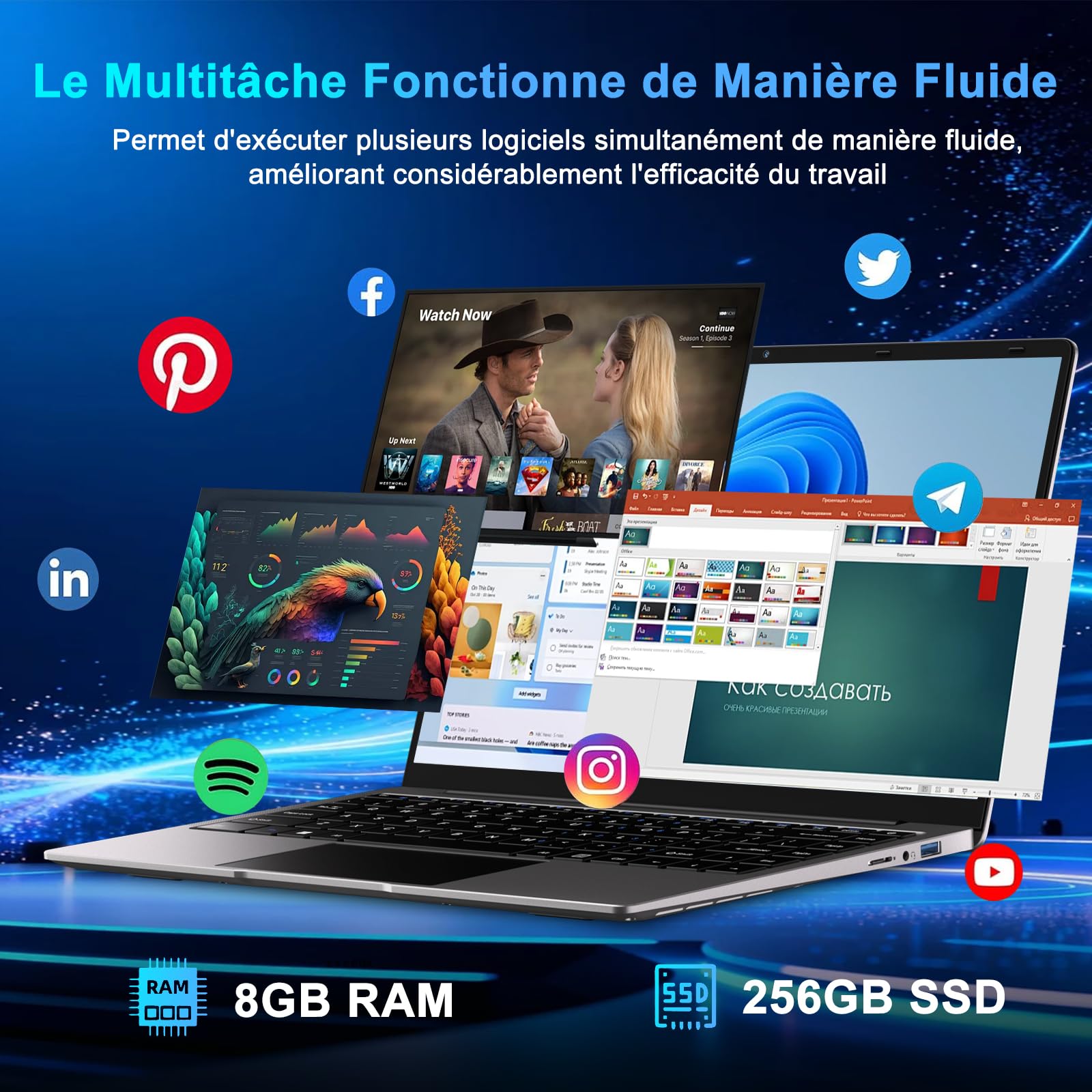 2026 Ordinateur PC Portable 14 Pouces 8+256Go Win11 Celeron N4020 - Gris | Support 1 to SSD Expansion 2.4G+5G WiFi Bluetooth 4.2 USB HDMI 1920 x 1080 FHD Membrane de Clavier AZERTY