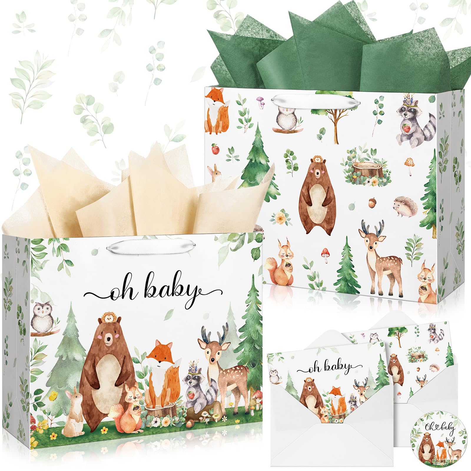 Buryeah 2 Pack 13" Large Baby Gift Bags with Tissue Paper Greeting Cards, Woodland Animal Paper Gift Wrap Bag with Handles and Envelopes for Baby Shower Birthday Party