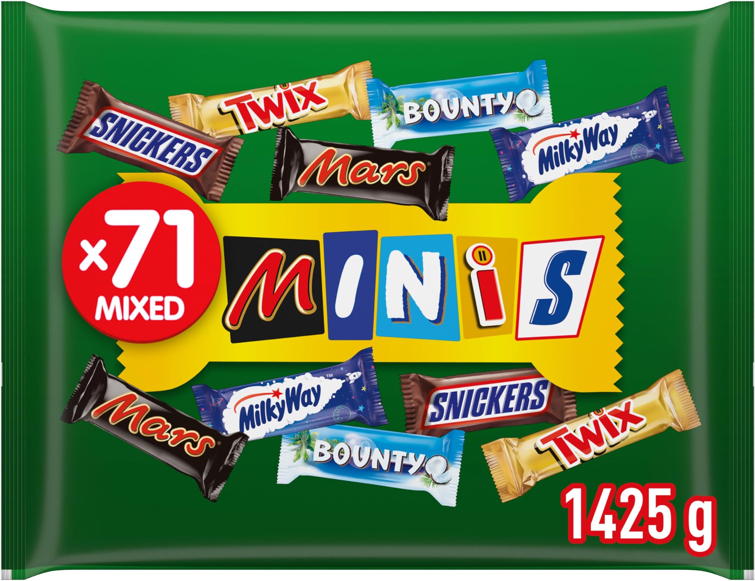 Mixed Snickers, Mars, Twix und weitere Mini Schokoriegel | Großpackung Schokolade | Party Mix | 71 Riegel | 1 x 1,4kg