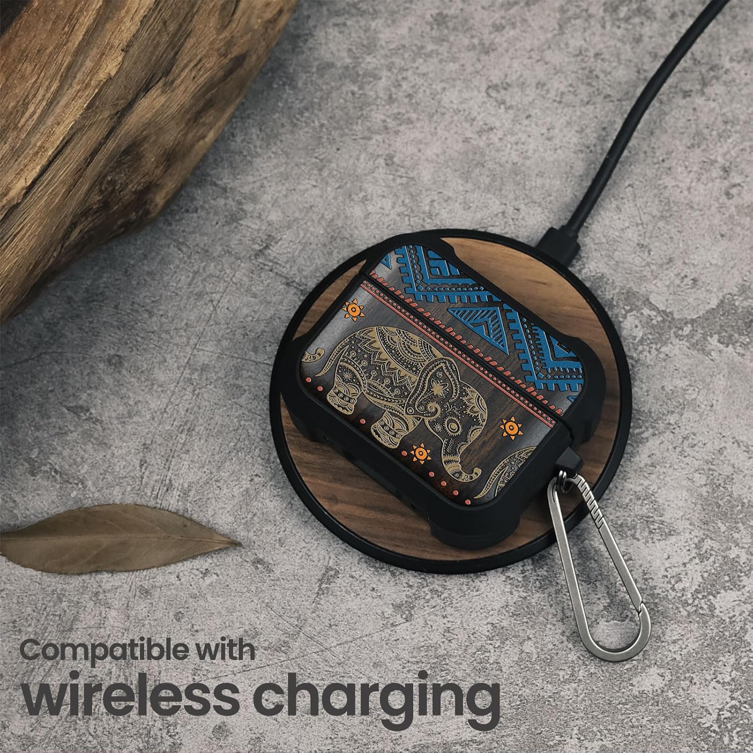 for AirPods Pro 3 Case, Shockproof Wooden Cover with Quick Released Keychain for AirPods Pro Case 3rd Generation (2025) Compatible with Wireless Charging, (Boho Elephant) Dark Wood