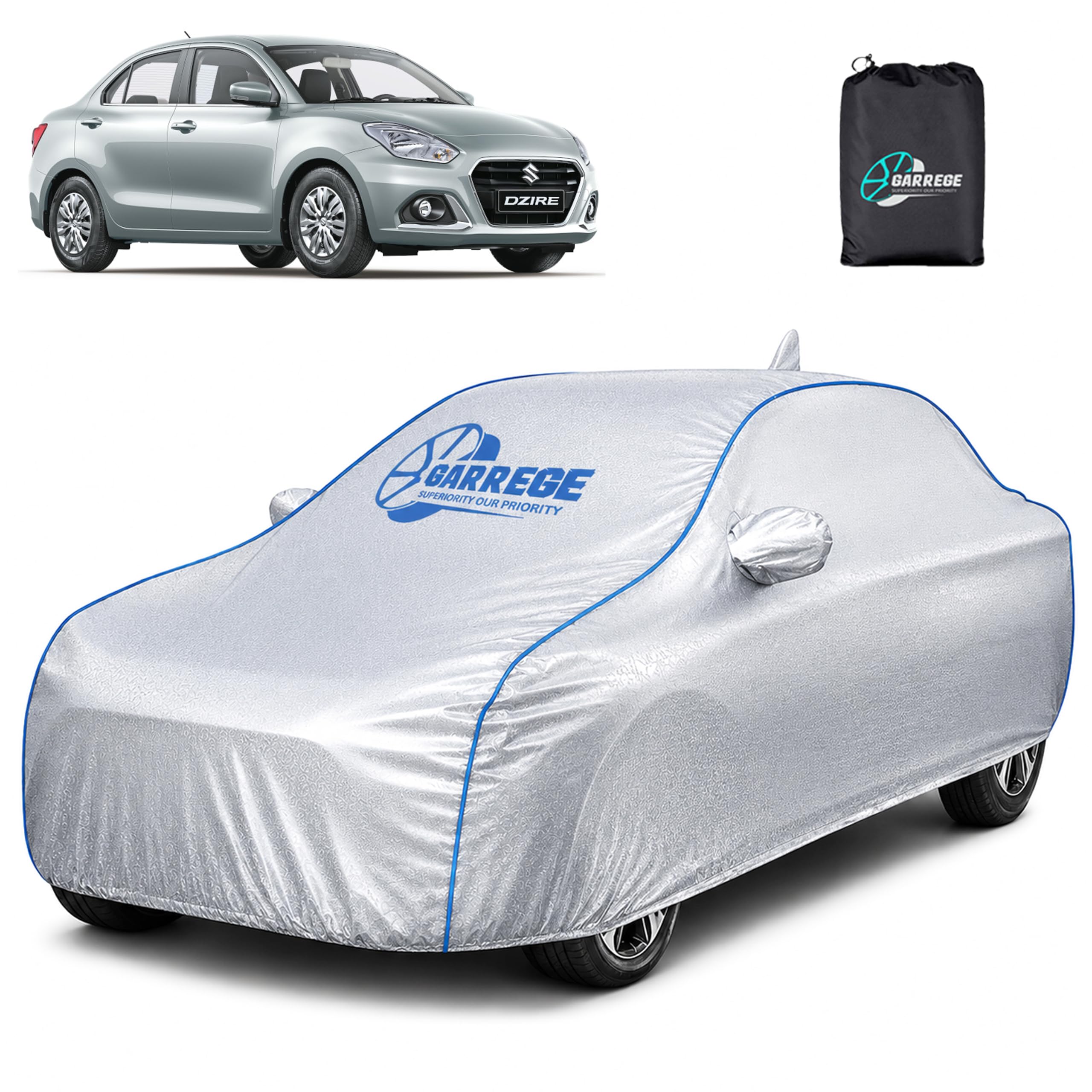 Waterproof Car Cover for Maruti New Dzire 2018 to 2024 with Mirror and Antenna Pocket and Soft Cotton Lining (Full Bottom Elastic Triple Stitched & Metallic Silver with Blue Piping Style)-picture-45