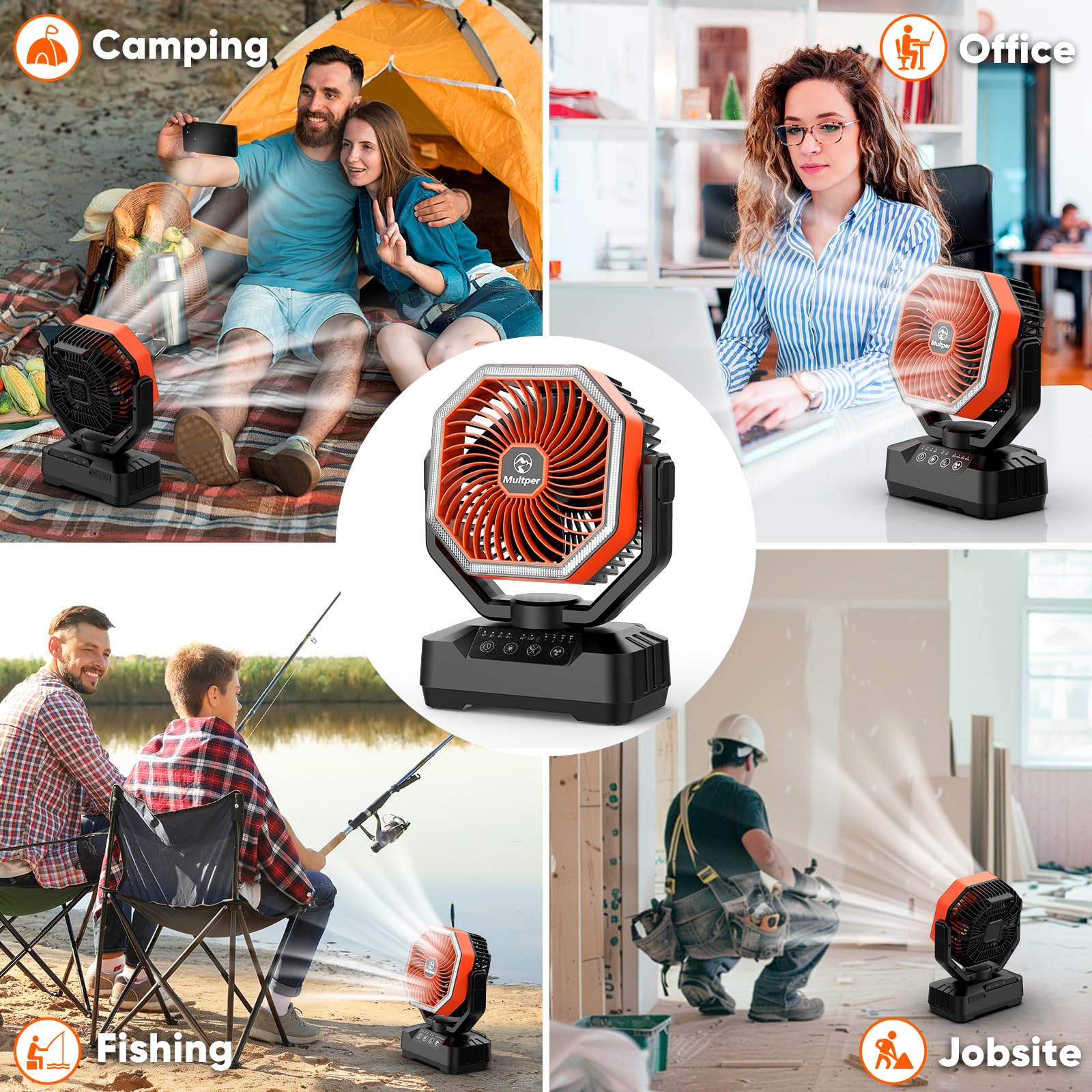 Multper 20000mAh Ventilateur Camping, Max 70H Fonct. Ventilateur Portable Rechargeable avec LED et Téléc., 4 Vitesses Ventilateur USB Silencieux avec Oscil Auto, Ventilateur Bureau pour Camping Maison