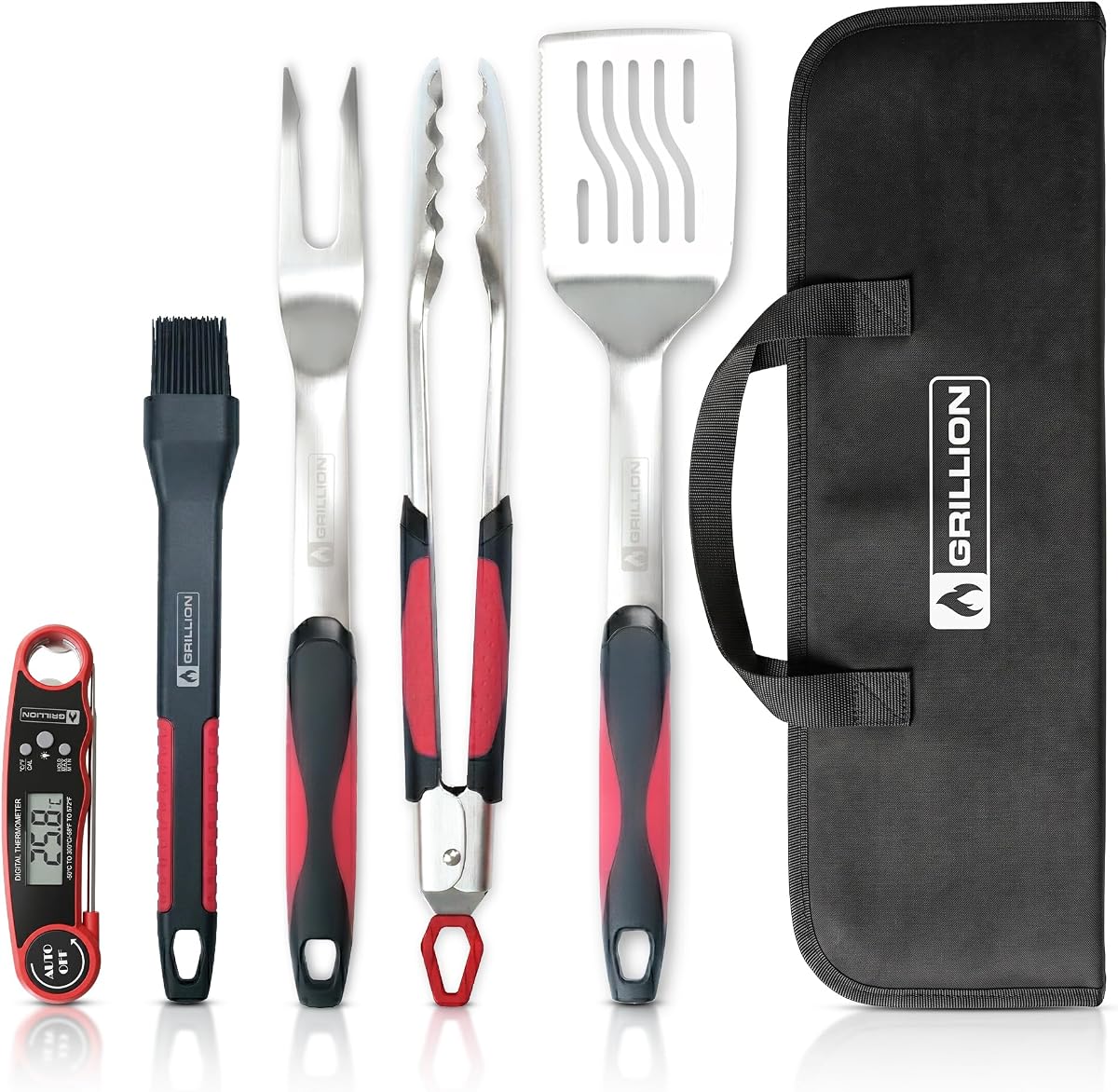 5PCS Grilling Tools for Outdoor Grills - Premium Grilling Utensil Set - Spatula, Tongs, Fork, Thermometer & Brush with Carrying Bag - BBQ Grill Sets for Men - BBQ Grill Accessories Gifts