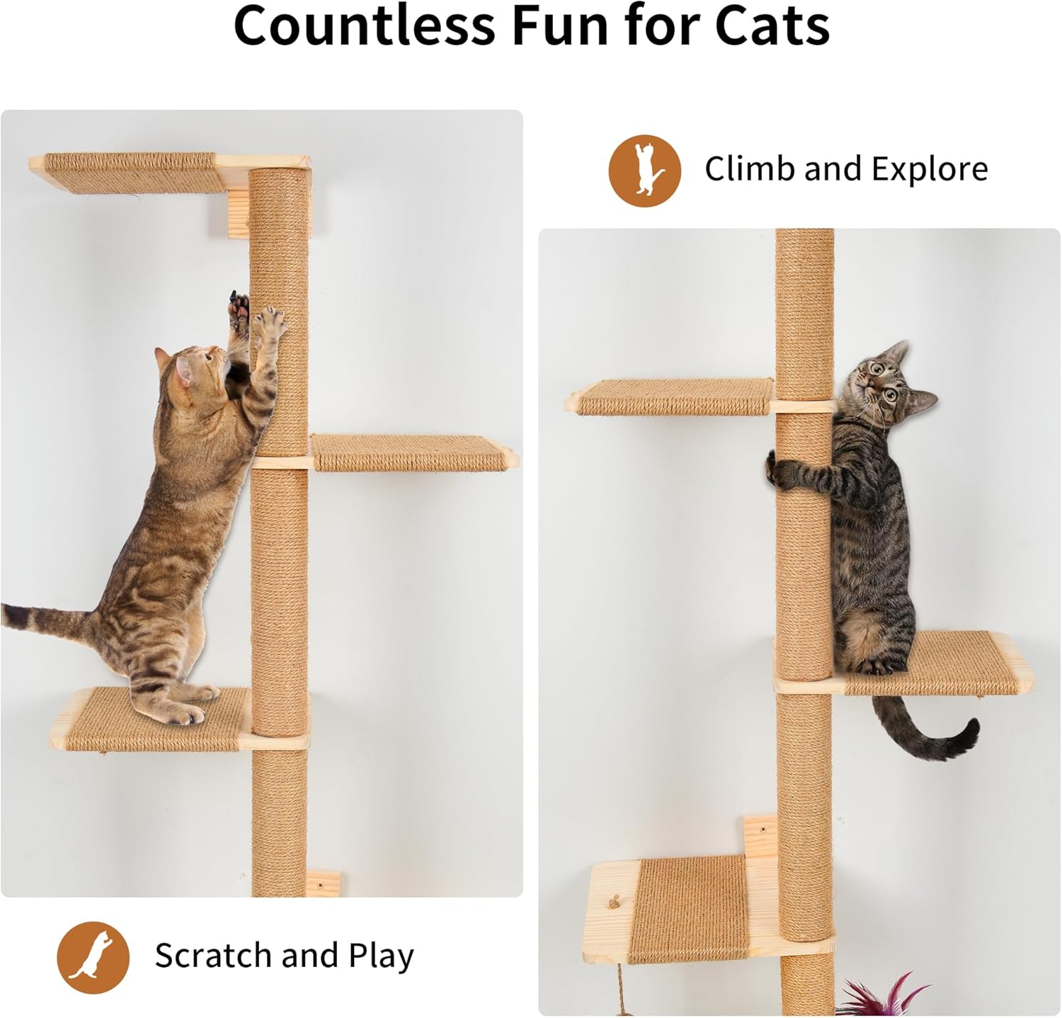 review Tall Cat Tree with Cat Toys,Wood Wall-Mounted Cat Scratching Post,4 Tier Indoor Floor to Ceiling Cat Tower,58