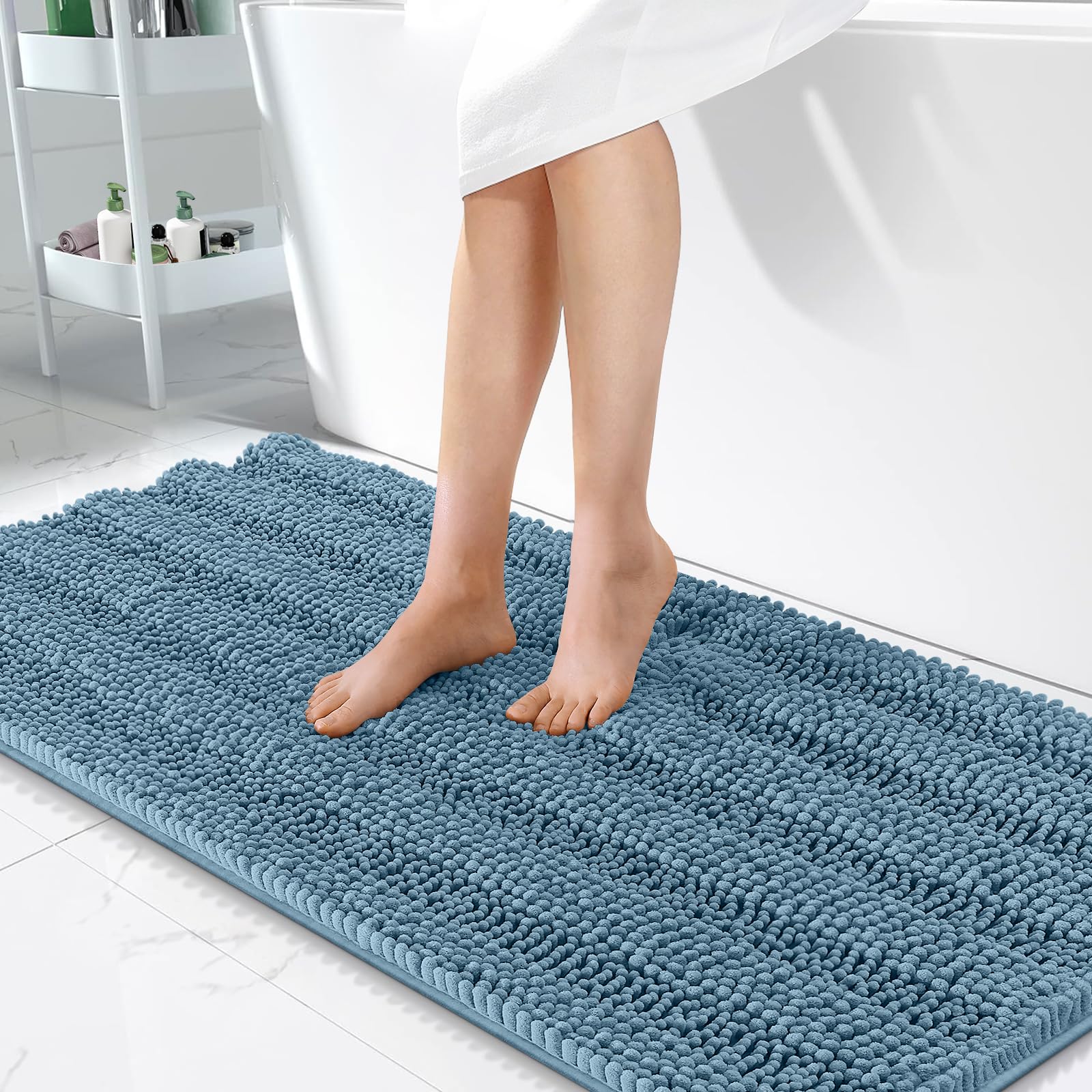 OLANLY Thick Bathroom Runner Rugs 47x24, Soft Chenille Bath Rugs, Airy Blue