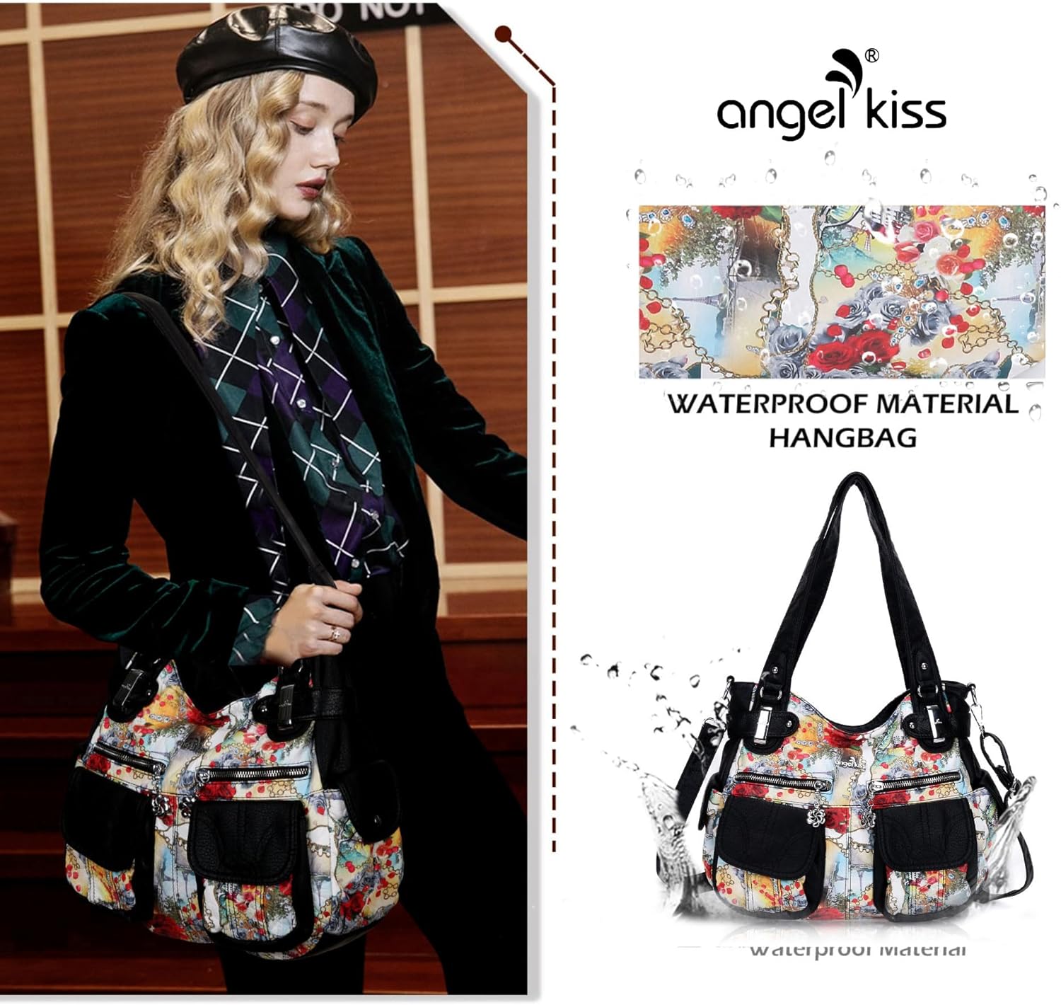 Angel Kiss Women's Designer Handbag Large Double Zipper Multi Pocket Washed Leather Purse - Image 7