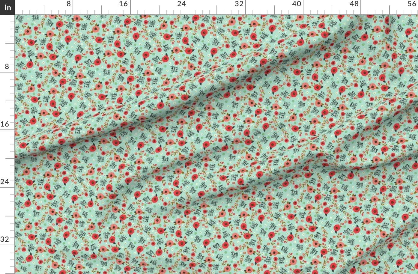 Spoonflower Fabric - Flowers Floral Turquoise Blue Small Girly Flowers Swear F Bomb Curse Printed on Organic Cotton Sateen Fabric by The Yard - Sewing Quilting Apparel Home Decor