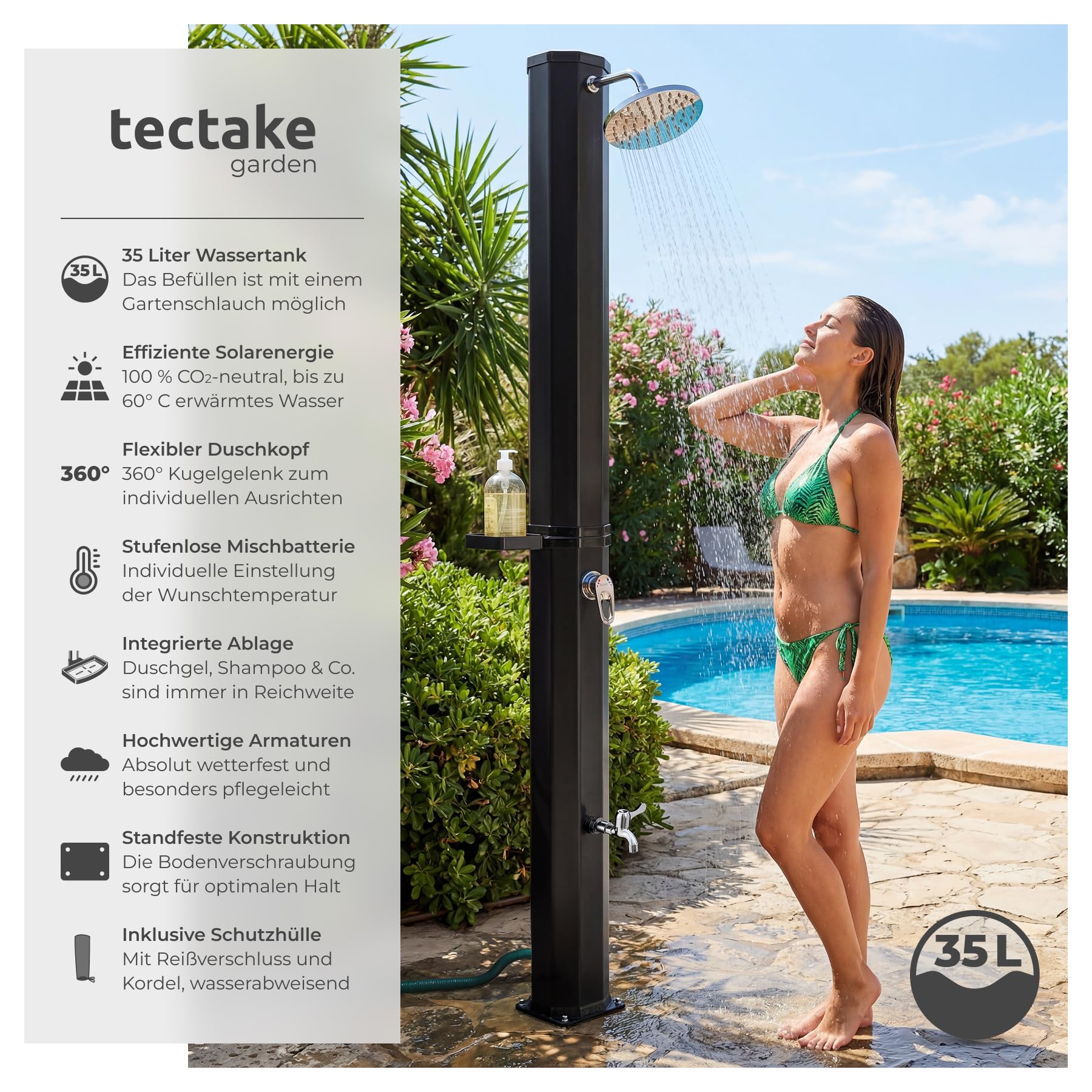 TecTake® Solardusche 35 l, bis 60° C, drehbarer Regenduschkopf, Gartenschlauch-Anschluss, Wasserhahn, Seifenablage, Schutzfolie, Schutzhülle, Außendusche, Solarduschen, schwarz