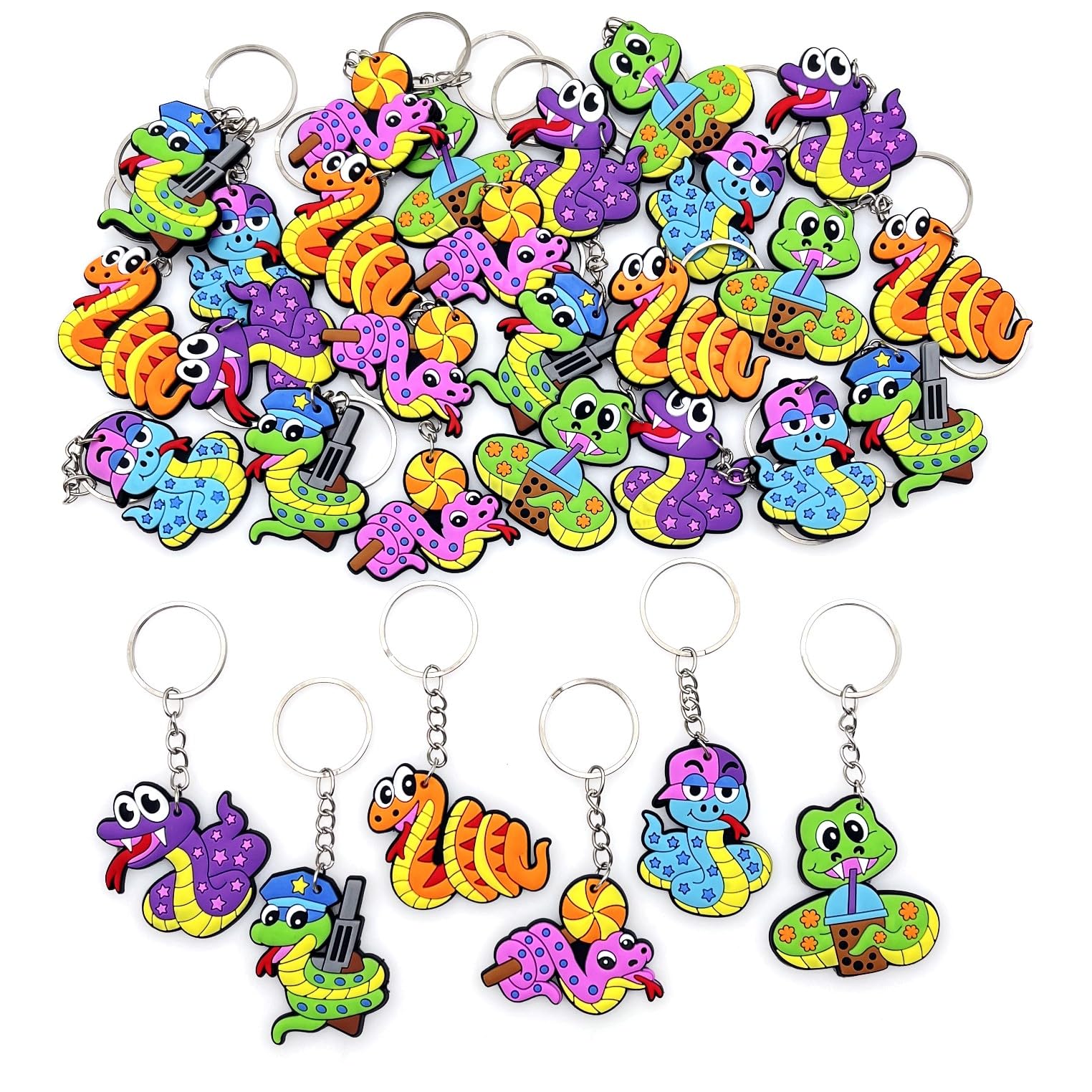 JZK 30 portachiavi a serpente in stile cartone animato per bomboniere di compleanno per bambini, sacchetti per bambini, premi per l'asilo, premi fortunati per bambini e ragazzi, sacchetti per feste