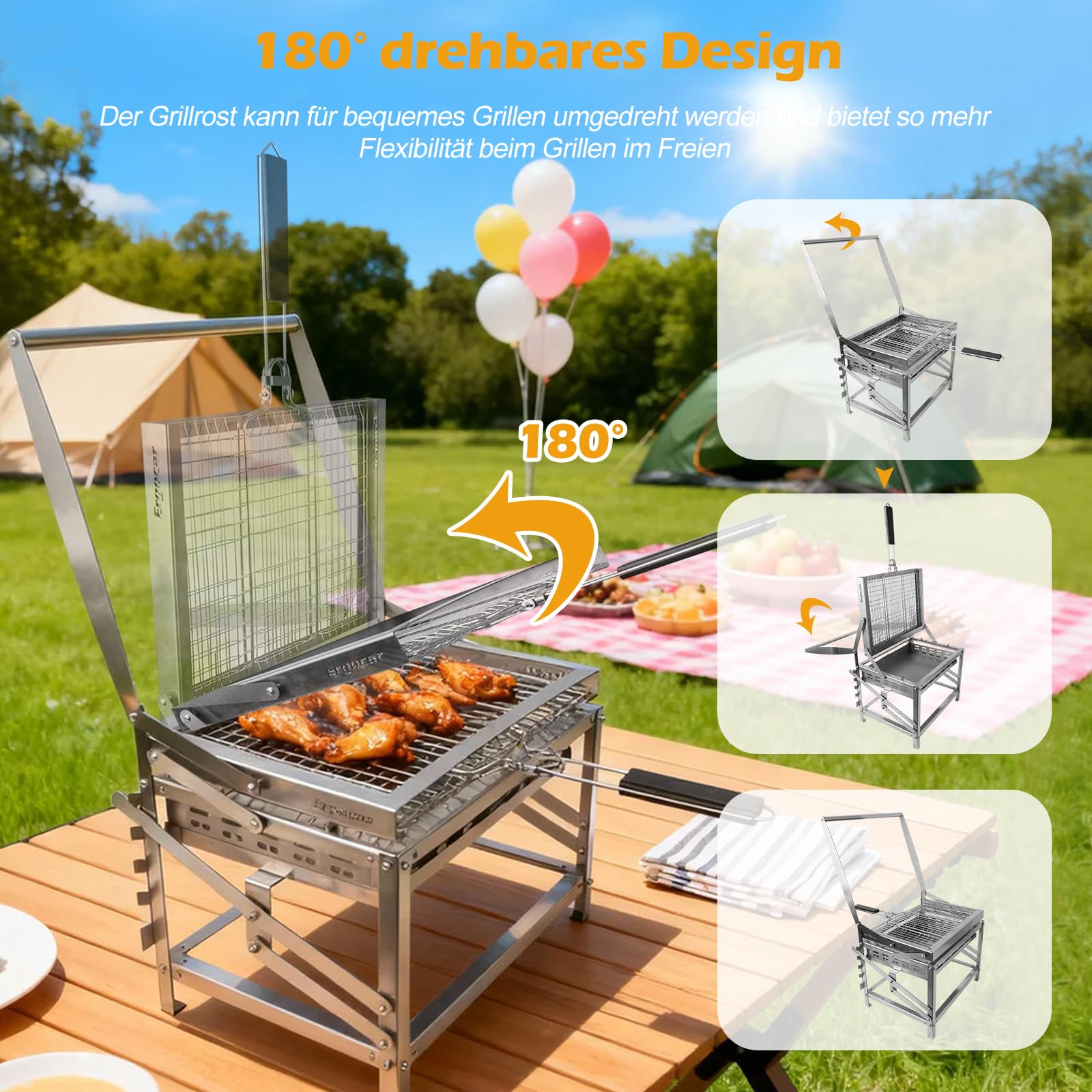 Ergocar Holzkohlegrill Multifunktionaler Tragbarer Drehbar Grill Für Den Außenbereich Mit Einstellbarer Höhe 4-Stufige Holzkohlewanne Ideal Für Das Räuchern Im Freien, Picknicks, Camping Und Barbecues