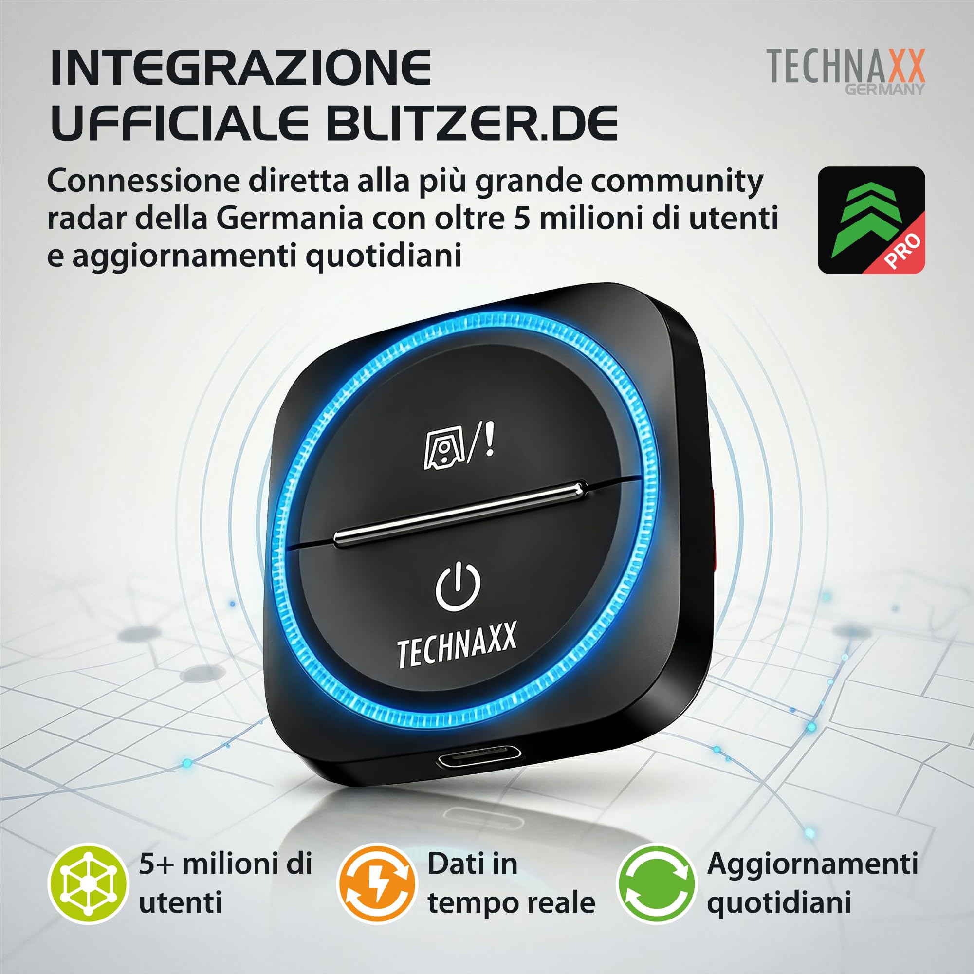 Technaxx Secure Drive Mini, dispositivo di avviso traffico con integrazione Blitzer.de – avvisi di pericoli stradali e velocità, notifiche LED, USB-C, compatibile con CarPlay e Android Auto – TX-387