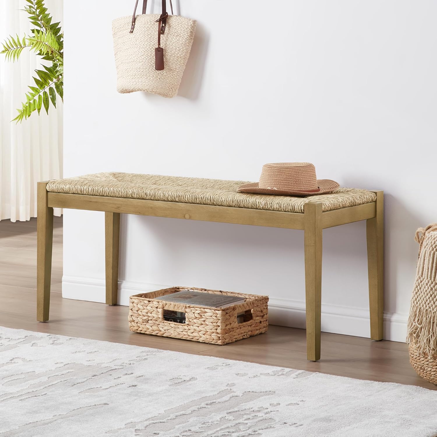 DUHOME Solid Wood Seagrass Bench with Natural Woven Seat, Boho Bench Entryway, Wood Rattan Dining Bench for Living Room,Dining Room Porch Lawn Garden Yard or Entryway,Natural