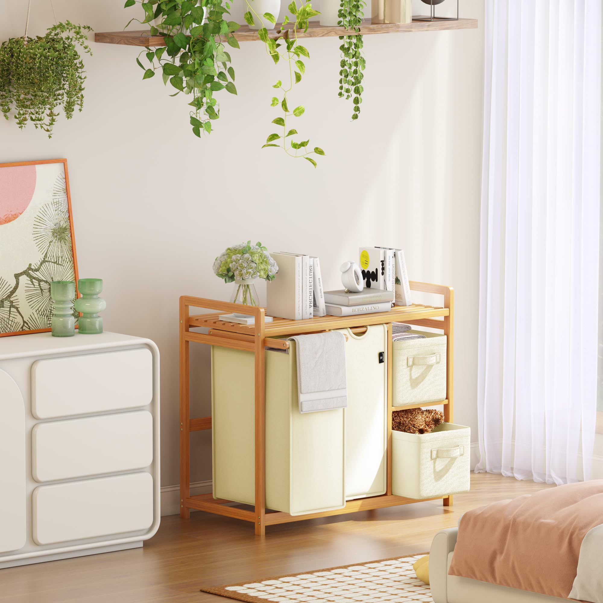 AdelDream B0FCXLP1 - Cesto portabiancheria a 4 scomparti, 140 l, con cestino, con 2 sacchetti per la biancheria e 2 scatole di stoffa con ripiano, in bambù, per la biancheria, colore: Beige