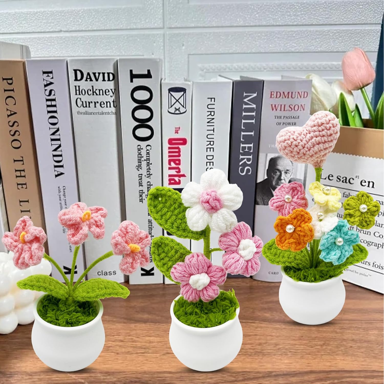 3pcs Crochet Flowers Cute Potted Flower,Mini Flower Bouquet for Mom Wife, Cute Desk Decor for Women,Artificial Handmade Flowers for Car Dashboard,Home Office Decoration (Color#8) image 5