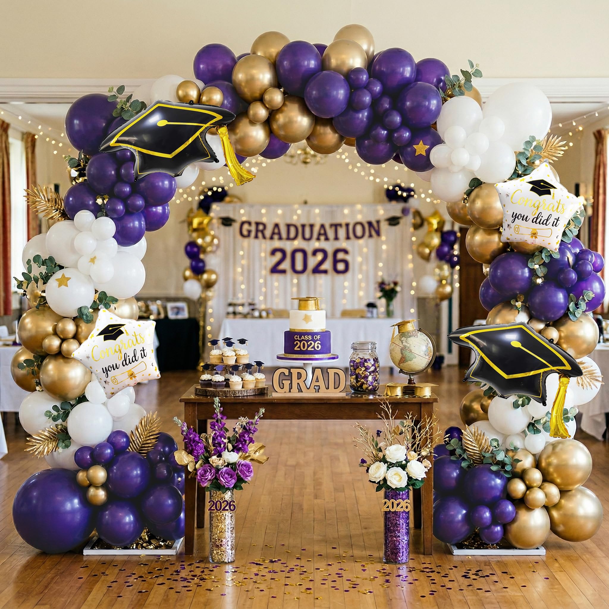 Photo 1 of 130Pcs Graduation Balloon Arch Kit Purple Gold White Garland Decoration with Graduation Cap Star Foil Balloons for Class of 2026 Party Prom Decorations Supplies