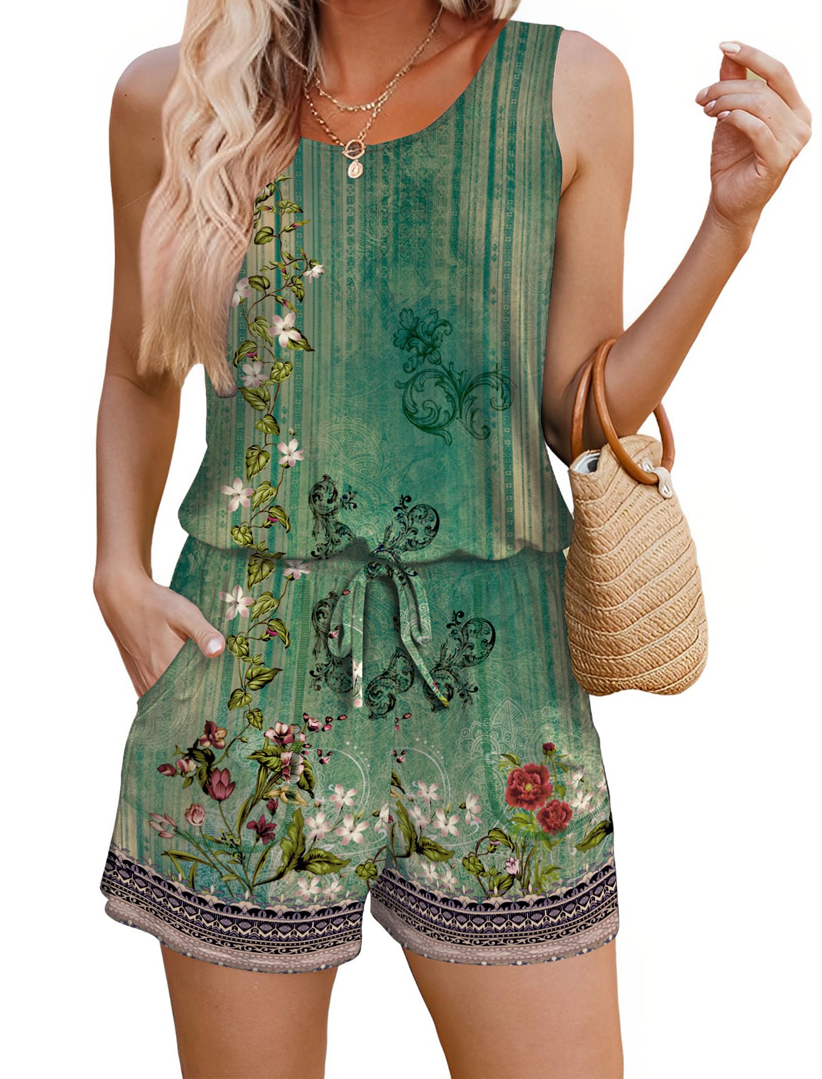 ADOME Rompers for Women Summer Sleeveless Scoop Neck Tank Top Casual Short Jumpsuit Rompers with Pockets