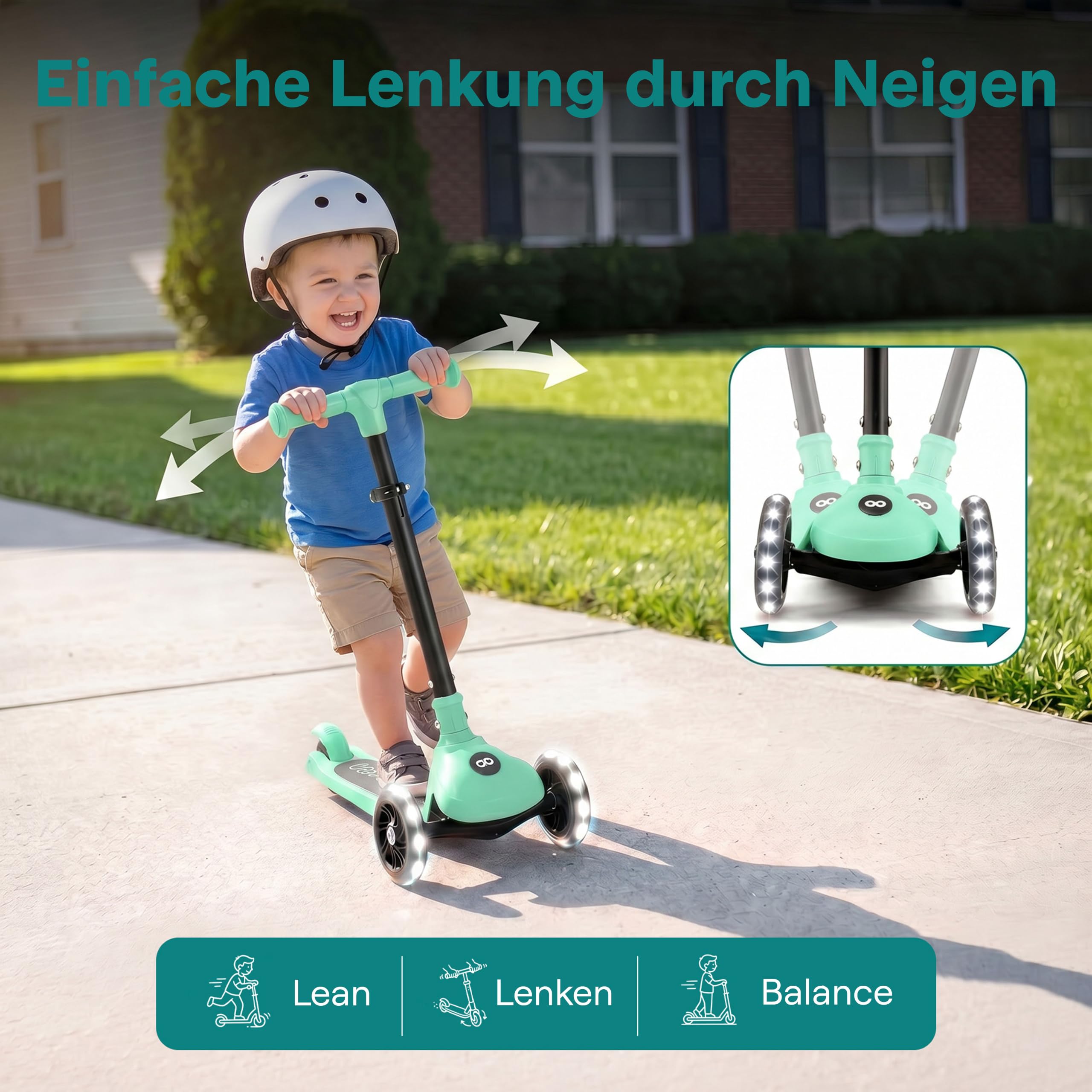SereneLife Kinderroller ab 3 Jahre – LED Tretroller faltbar höhenverstellbar, leicht und stabil, für Jungen und Mädchen, Indoor und Outdoor, bis 50 kg