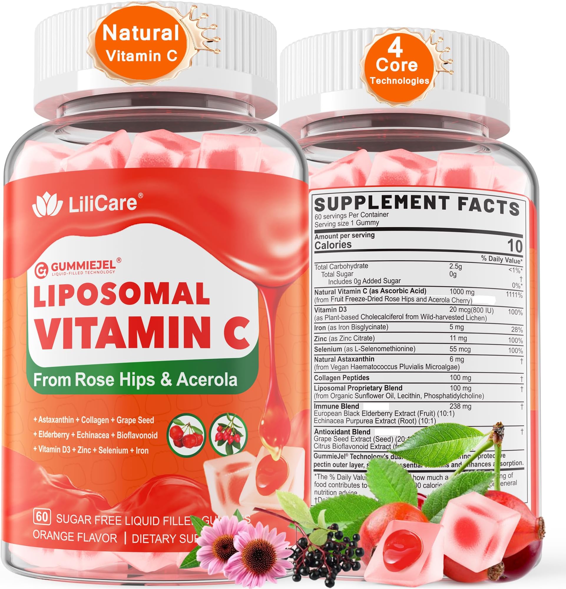 Natural Liposomal Vitamin C 1000mg Gummies for Adults & Kids 9+, Chewable Vitamin C w/ 11mg Zinc, D3, Elderberry, Echinacea, , Bioflavonoid, Immune Support, Whole Food VIT C from Fruits, Sugar Free
