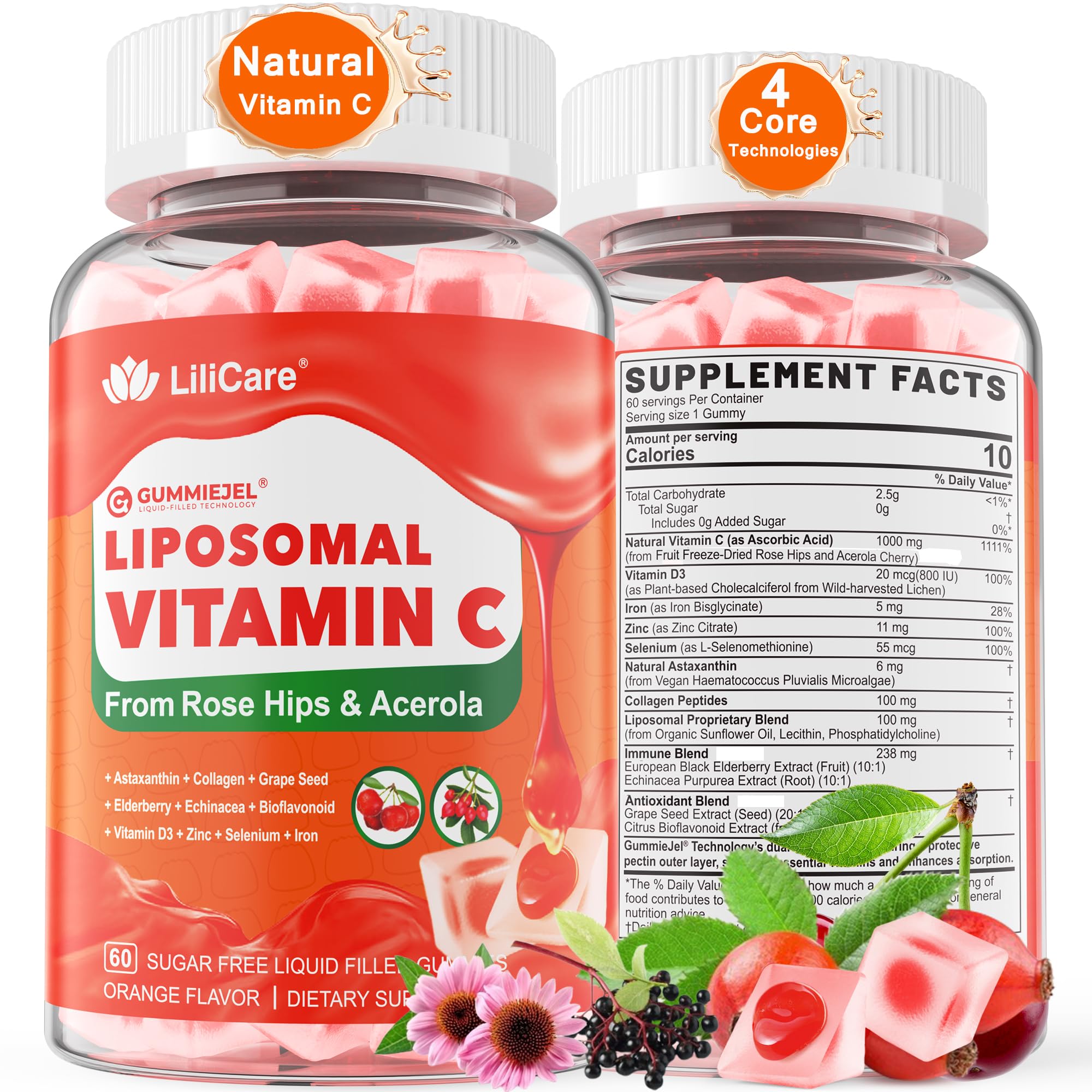 - Natural Liposomal Vitamin C 1000mg Gummies for Adults Kids 9+, 1660mg Chewable Vitamin C w/ 11mg Zinc, D3, Elderberry, Echinacea, Bioflavonoid, Immune Support, Whole Food VIT C from Fruits, Sugar Free