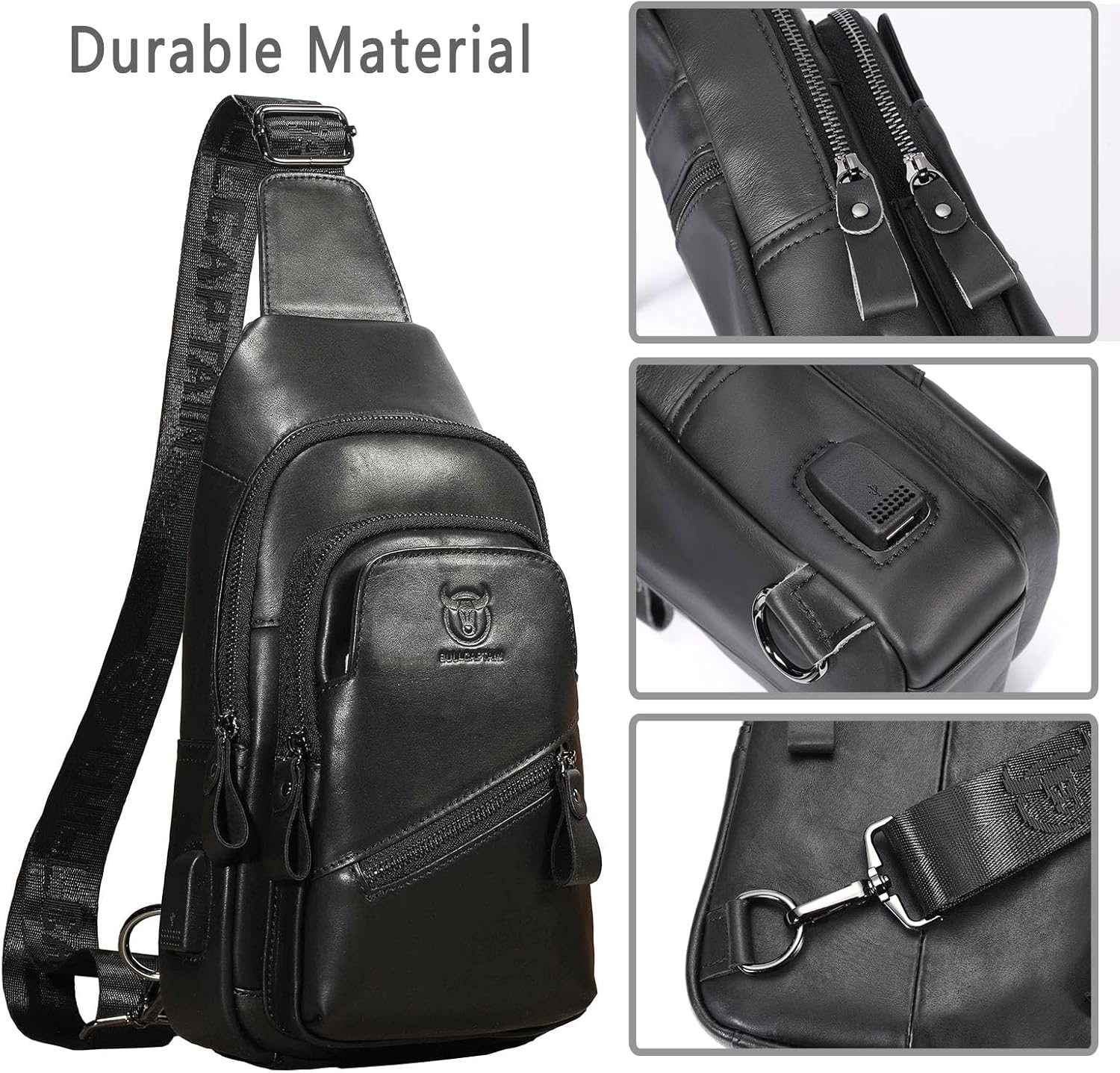 Leather Sling Bag for Men Crossbody Backpack with USB Charging Port Casual Daypack for Hiking Shoulder & Chest Bag Purse (Black) - Image 4